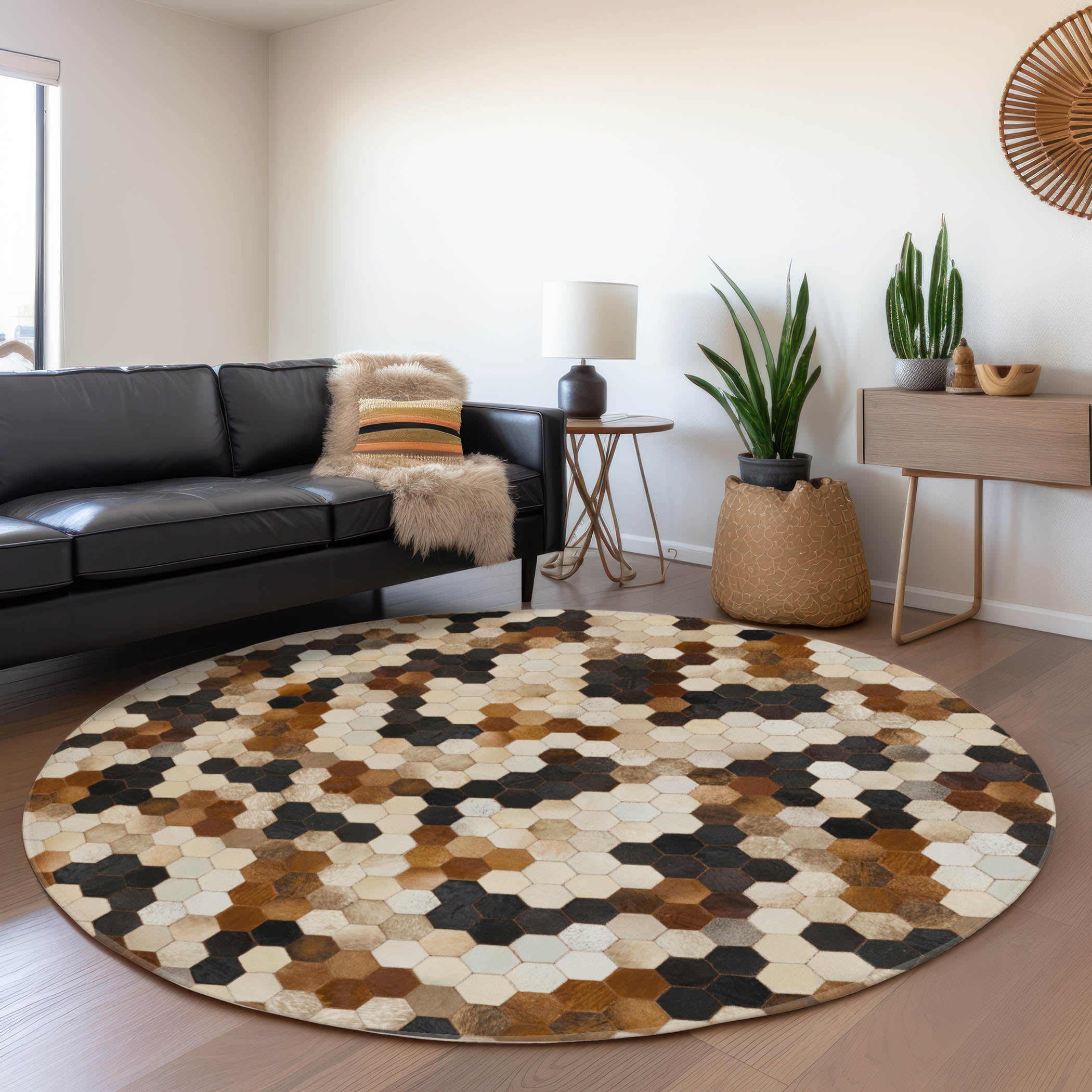 Lima Machine Washable Cowhide Multi Paprika Rug 8' x 8' #shape_Round