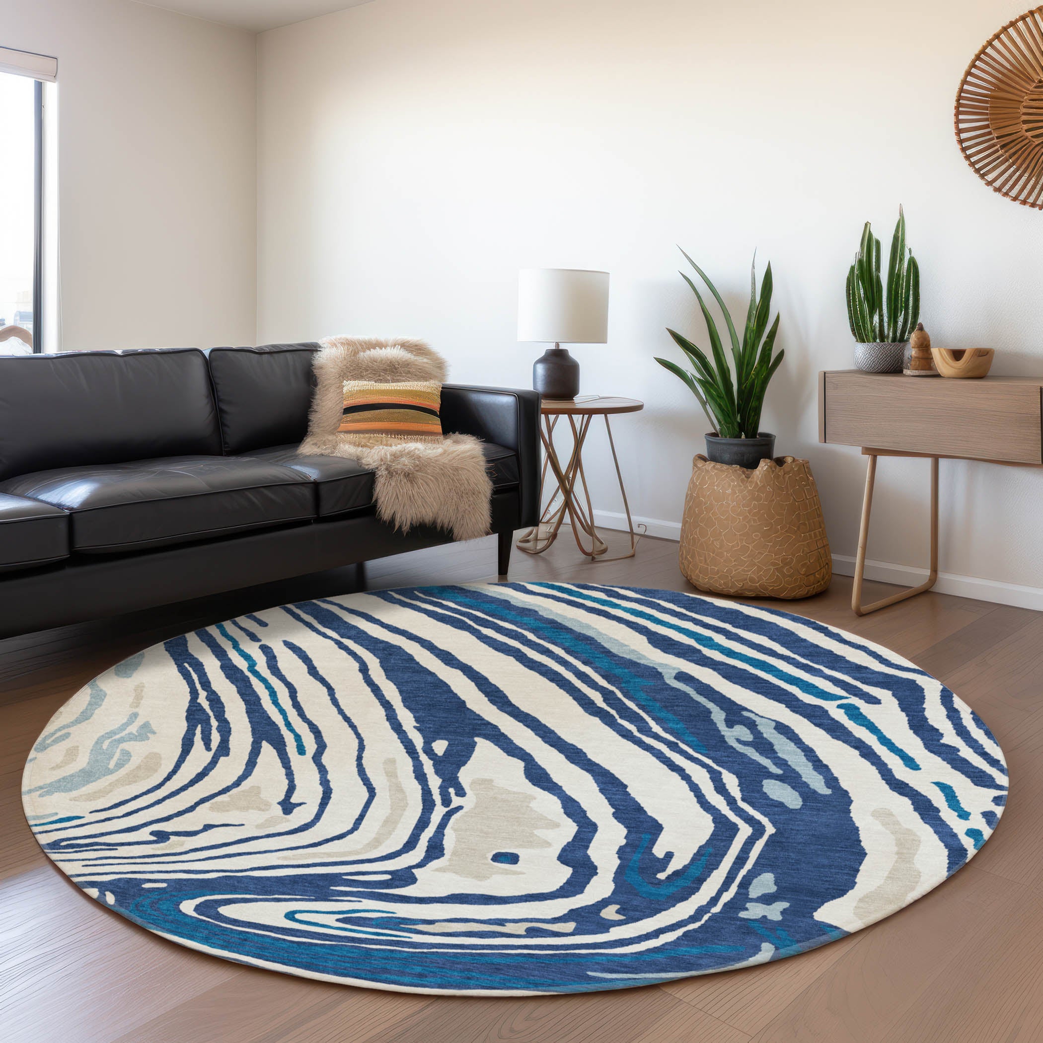 Vienna Machine Washable Transitional Navy Blue Rug 8' x 8' #shape_Round