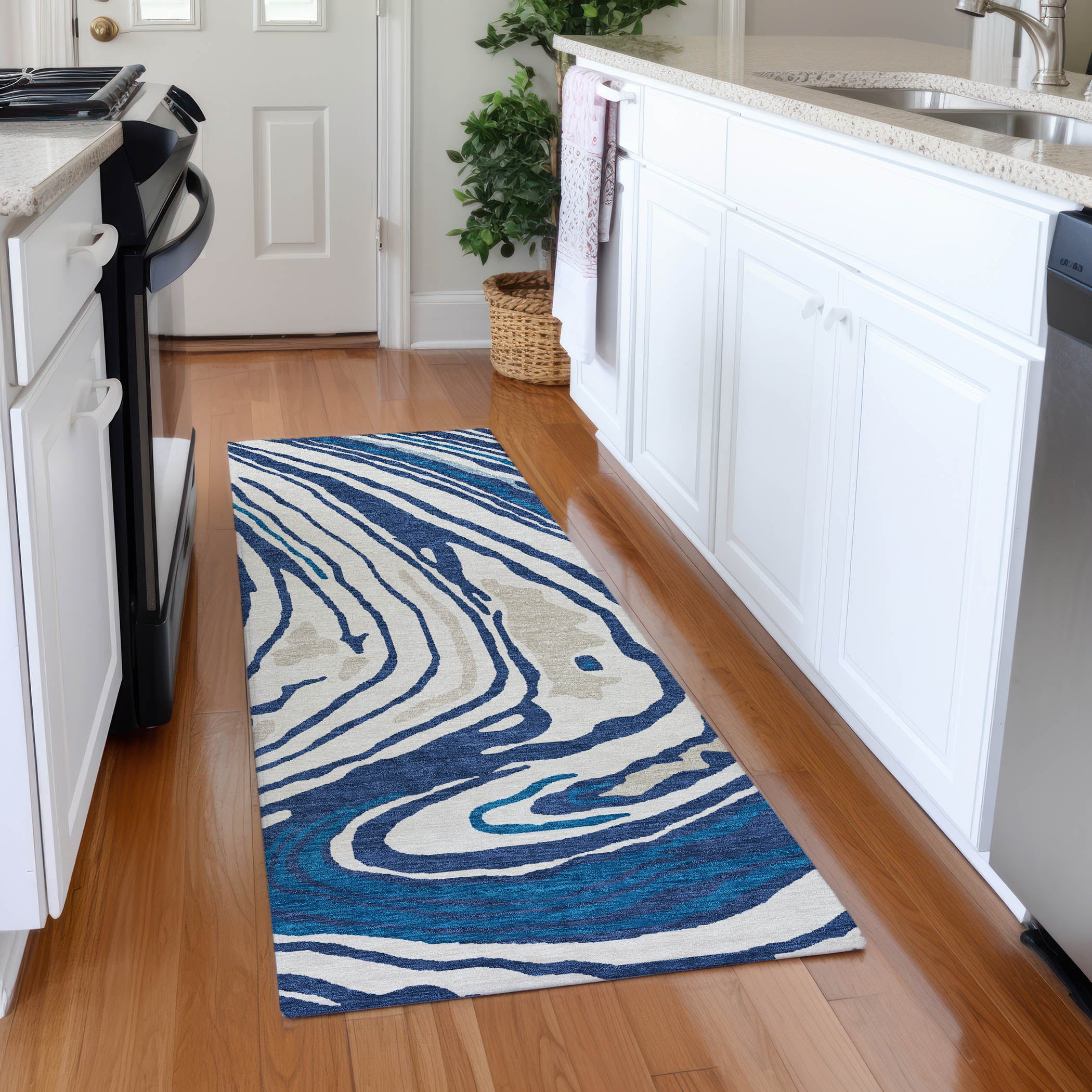 Vienna Machine Washable Transitional Navy Blue Rug 2'3" x 7'6" #shape_Runner