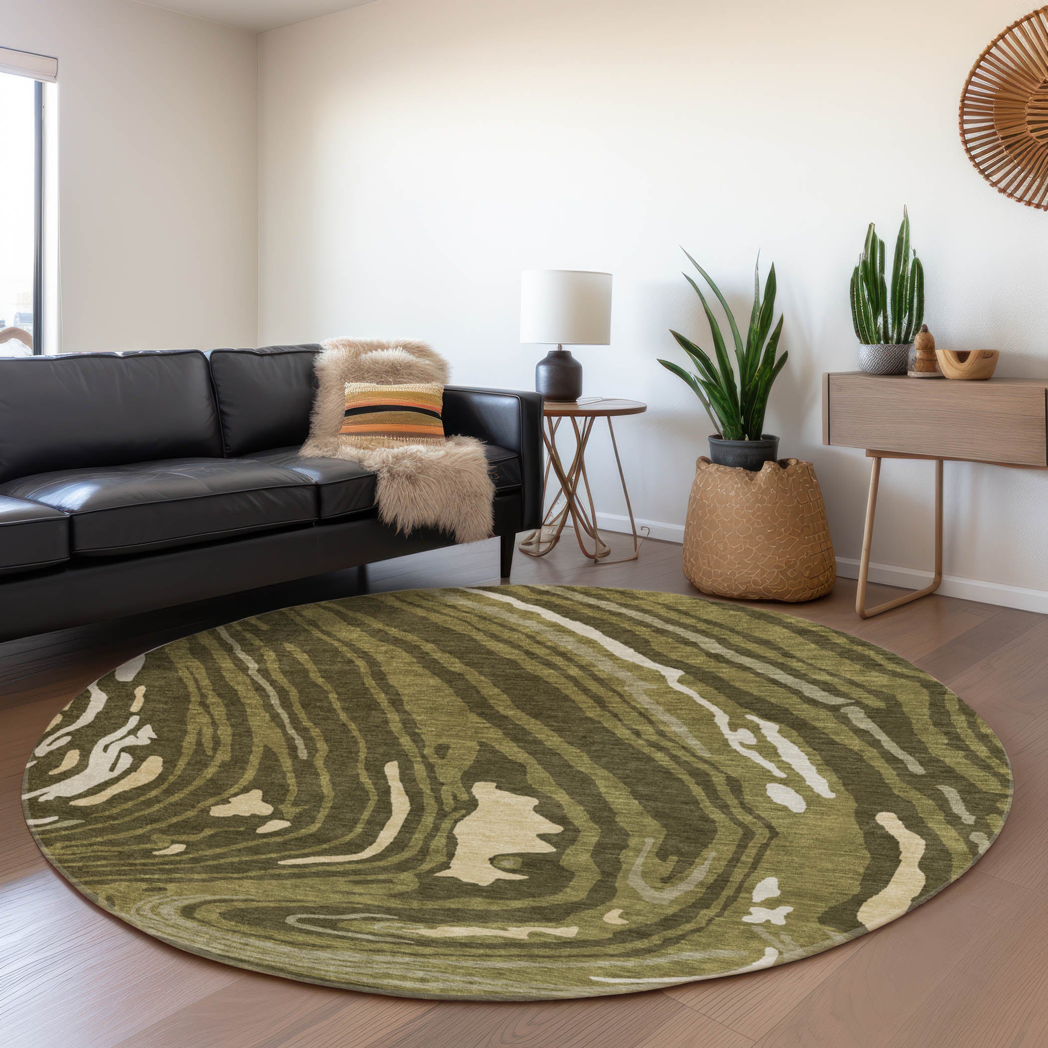 Vienna Machine Washable Transitional Olive Green Rug 8' x 8' #shape_Round