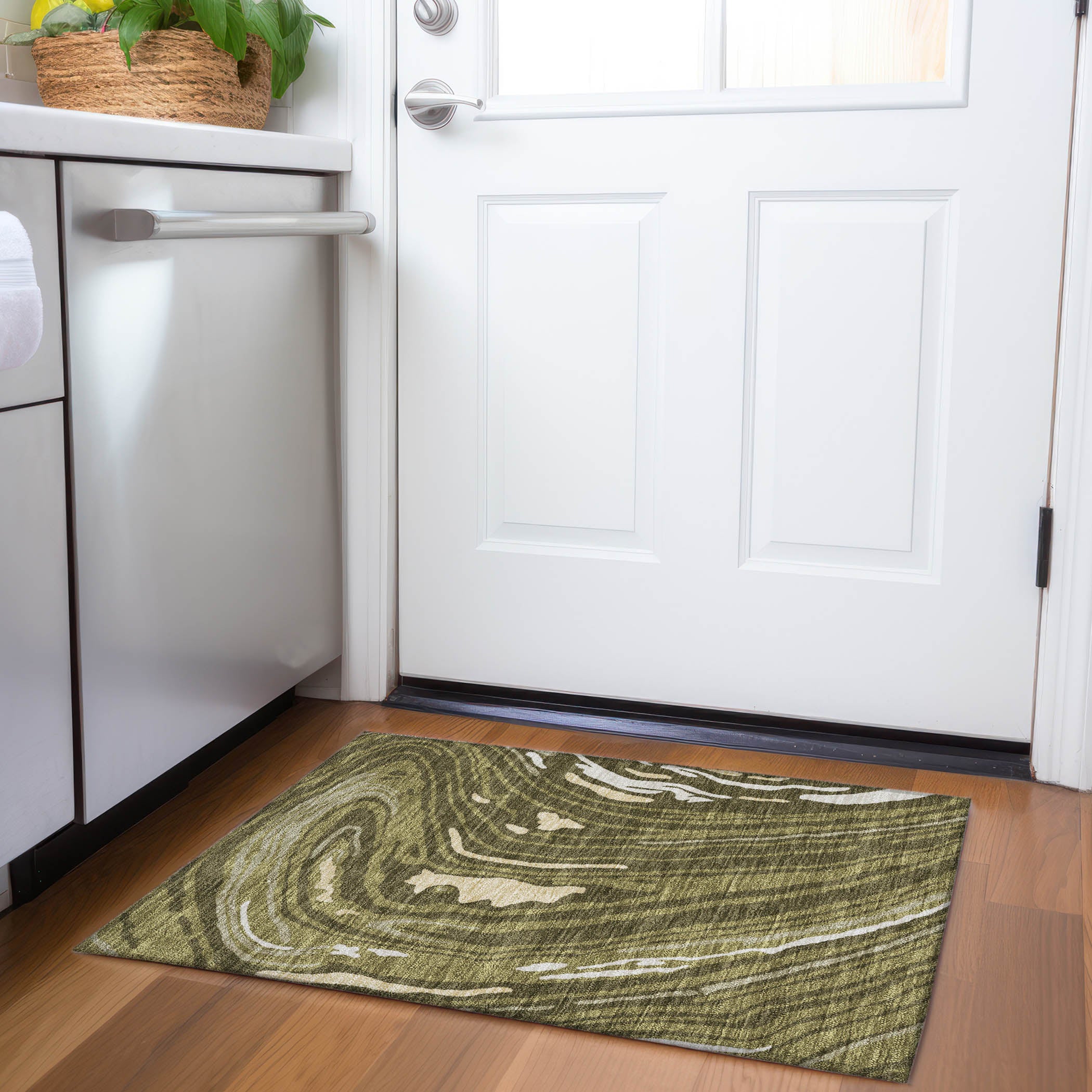 Vienna Machine Washable Transitional Olive Green Rug 1'8" x 2'6" #shape_Rectangle
