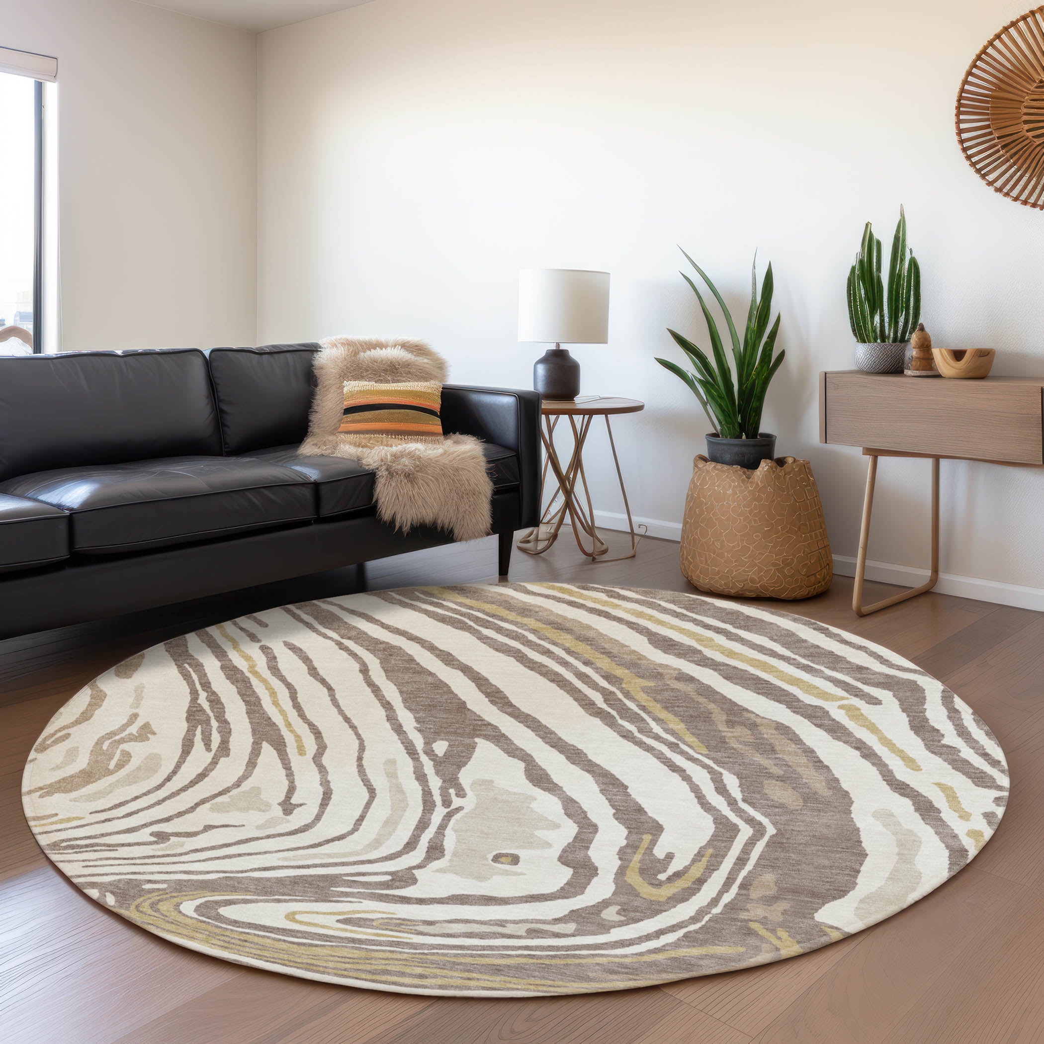 Vienna Machine Washable Transitional Taupe Brown Rug 8' x 8' #shape_Round