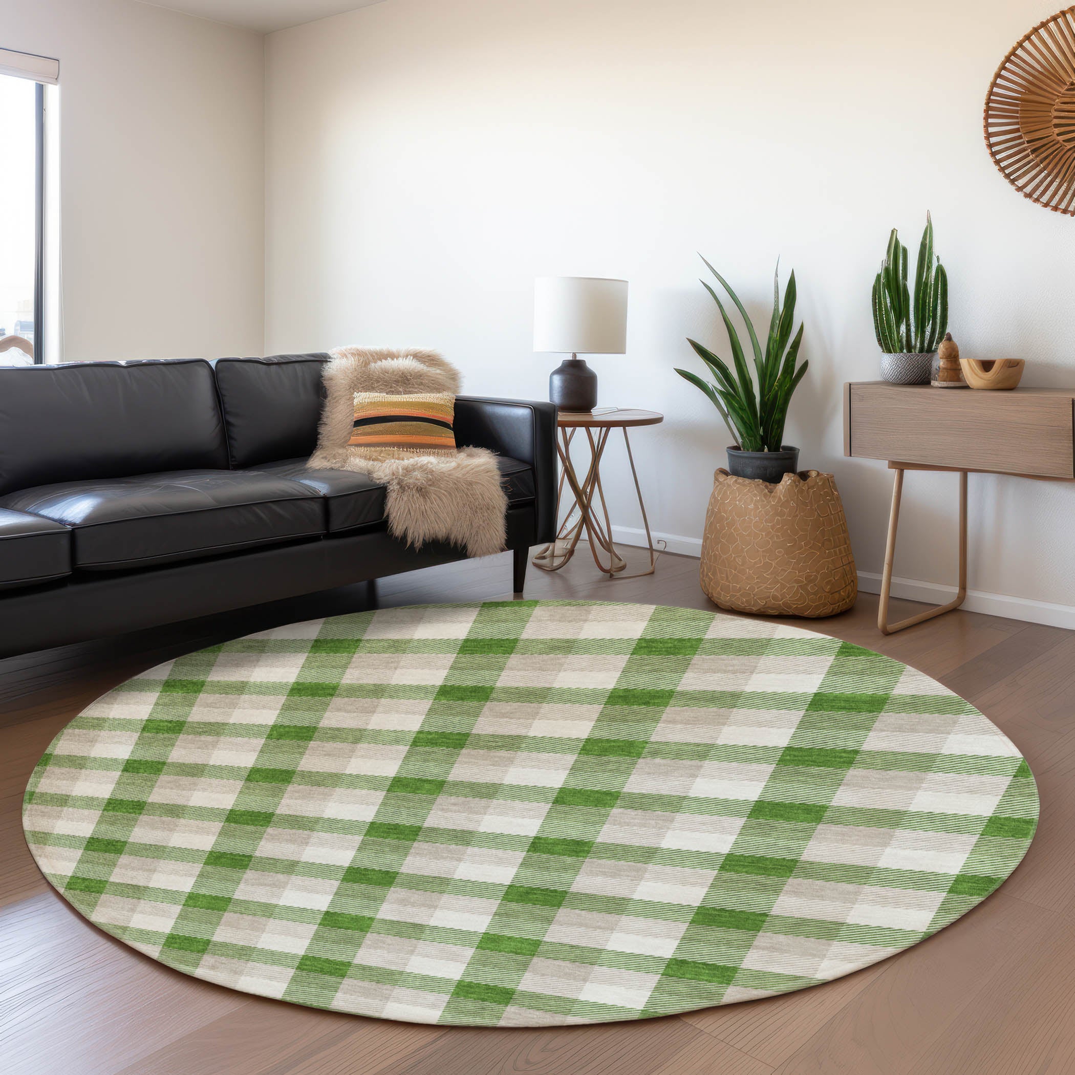 Seoul Machine Washable Transitional Emerald Green Rug 8' x 8' #shape_Round