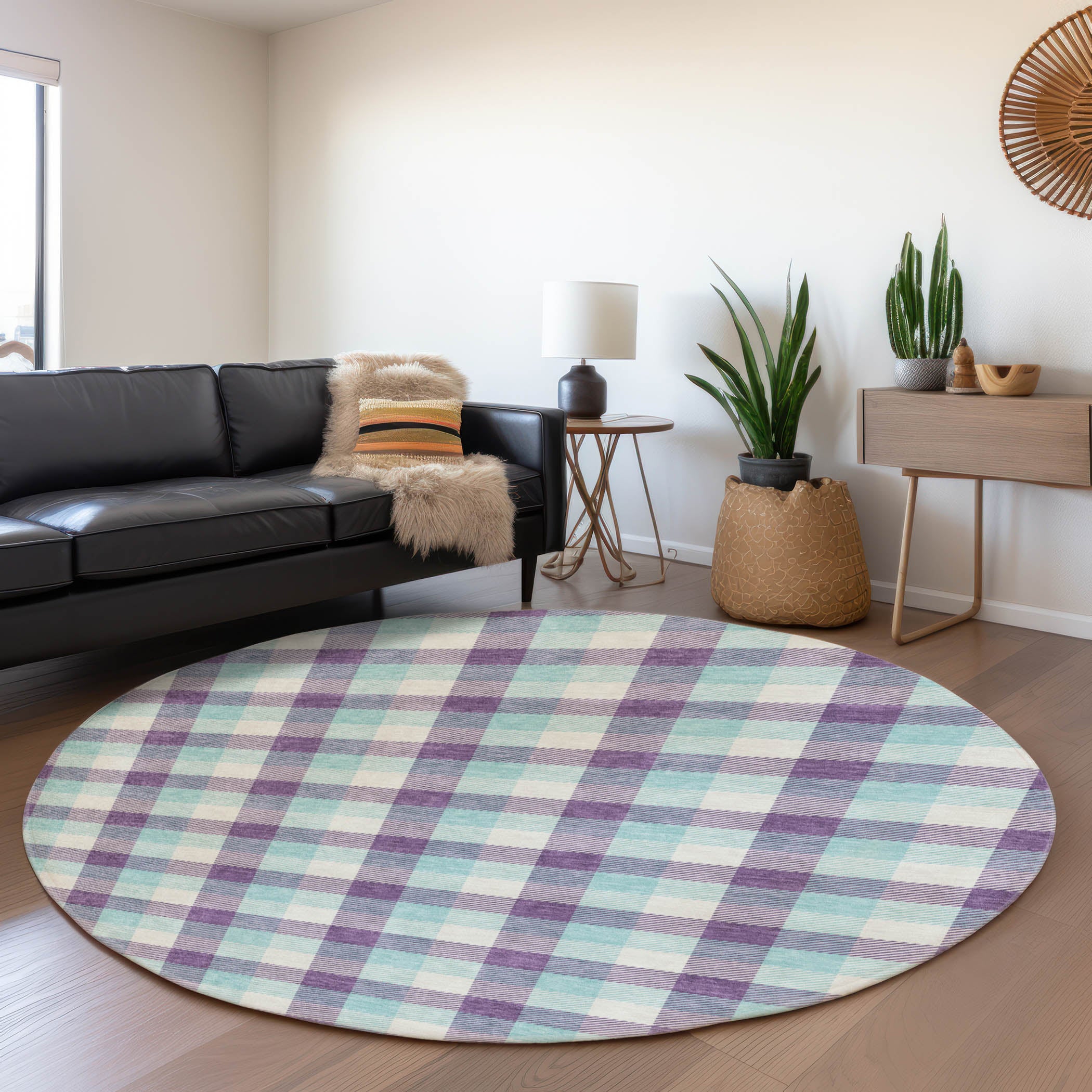 Seoul Machine Washable Transitional Purple Rug 8' x 8' #shape_Round