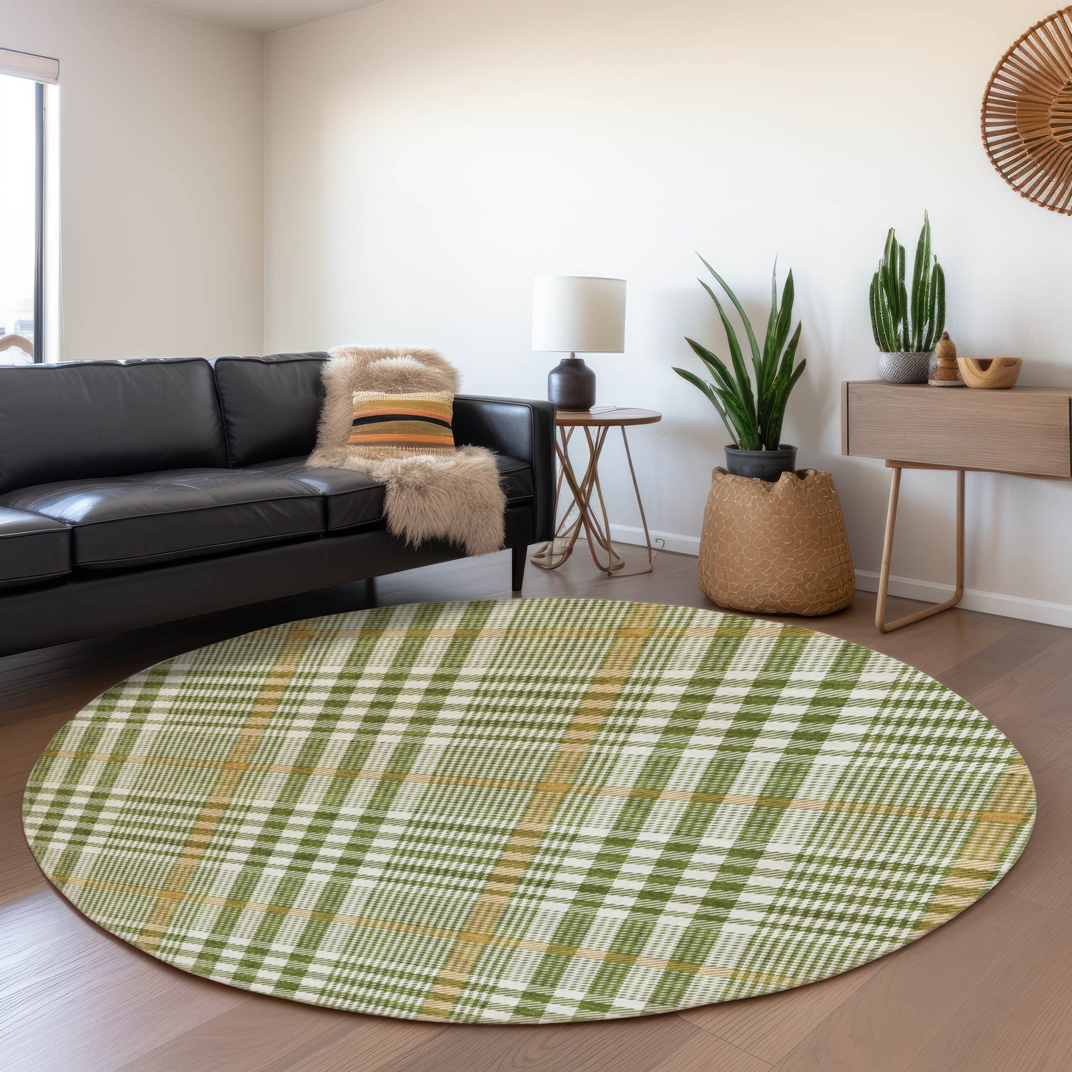Montevideo Machine Washable Transitional Olive Green Rug 8' x 8' #shape_Round