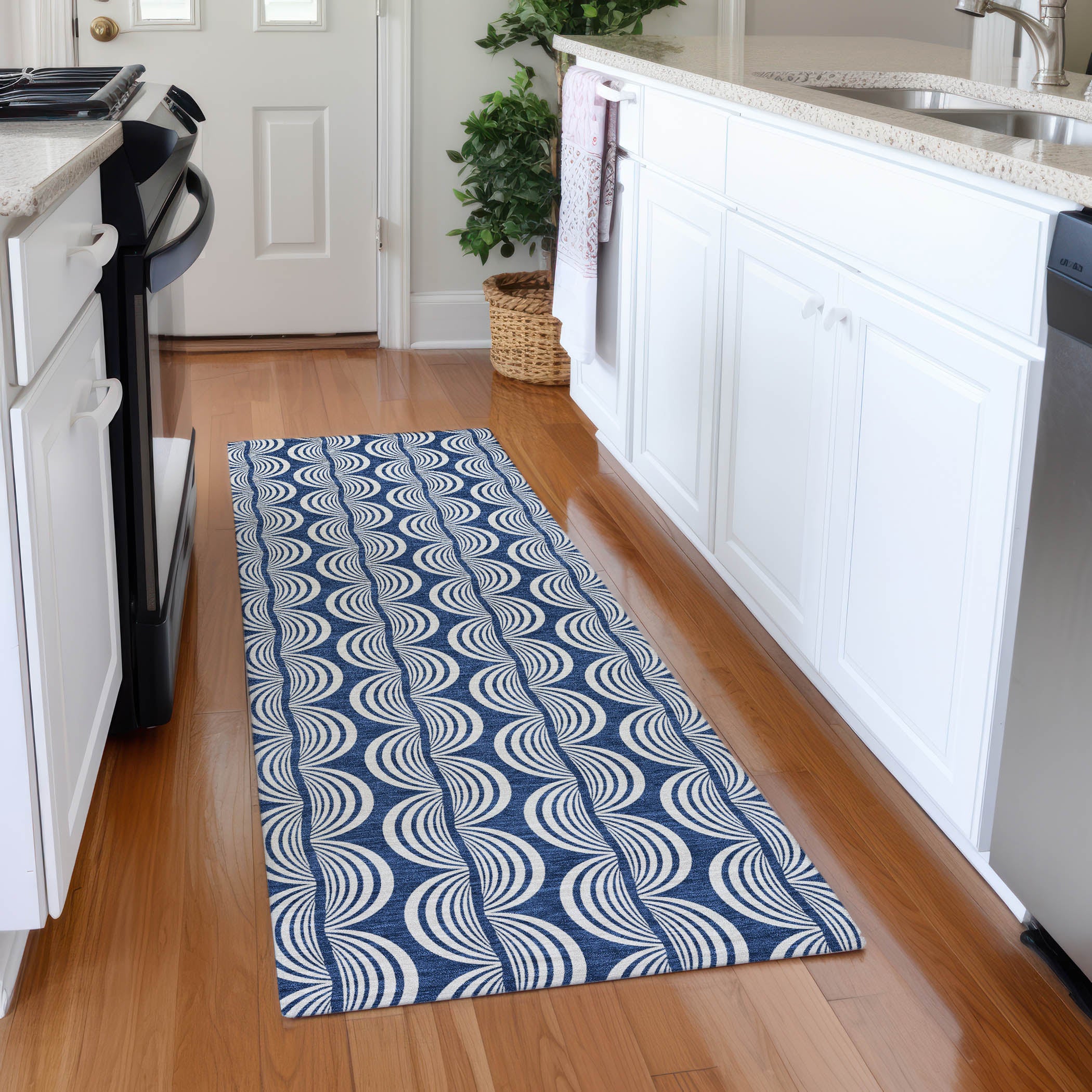 Montevideo Machine Washable Transitional Navy Blue Rug 2'3" x 7'6" #shape_Runner