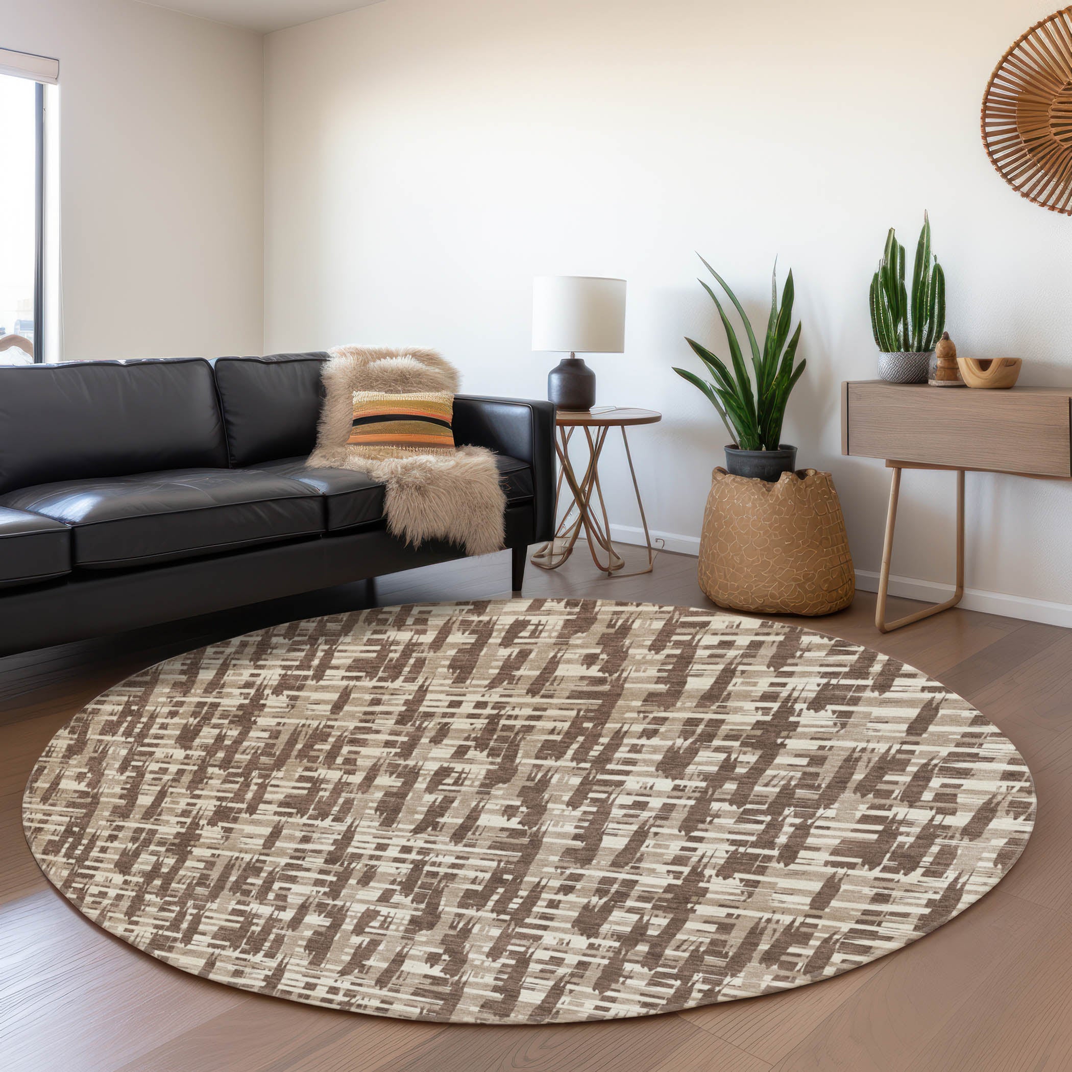 Cusco Machine Washable Transitional Brown Rug 8' x 8' #shape_Round