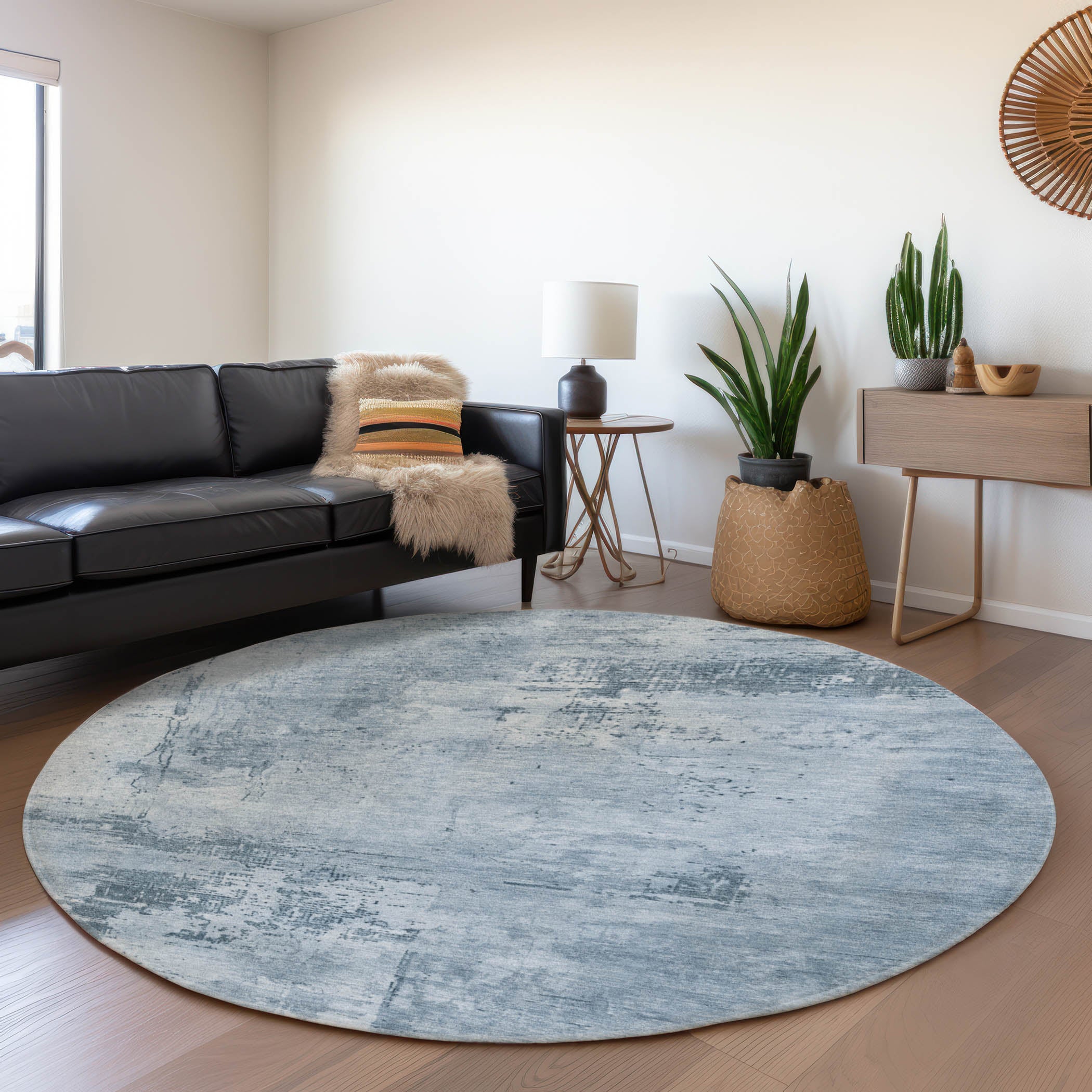 Antigua Machine Washable Transitional Denim Blue Rug 8' x 8' #shape_Round