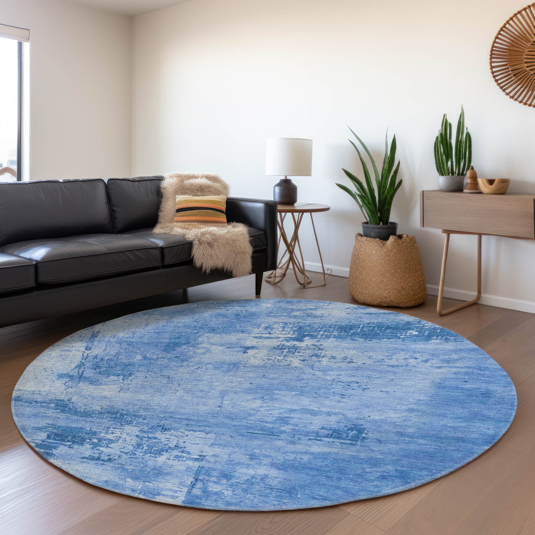 Antigua Machine Washable Transitional Navy Blue Rug 8' x 8' #shape_Round