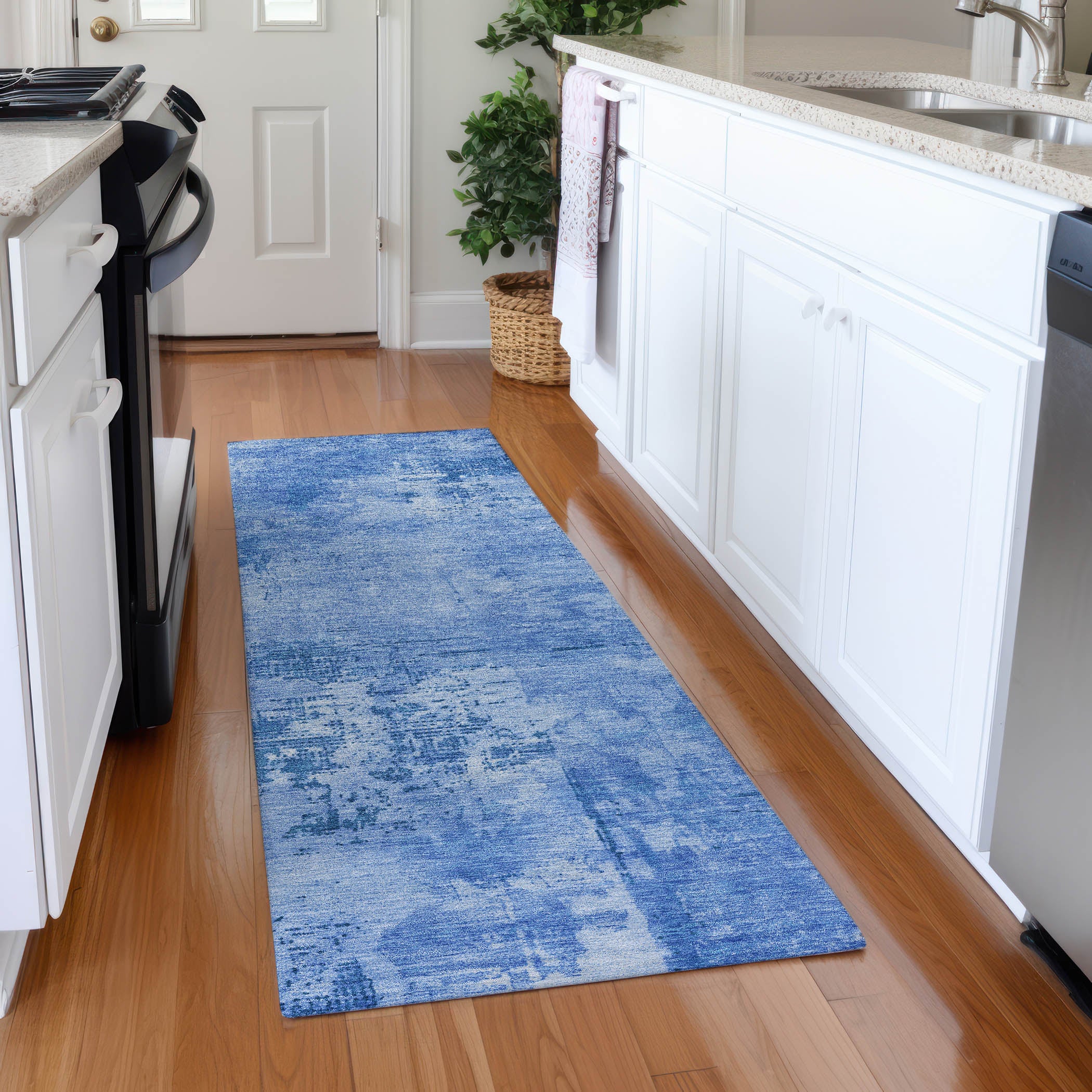 Antigua Machine Washable Transitional Navy Blue Rug 2'3" x 7'6" #shape_Runner