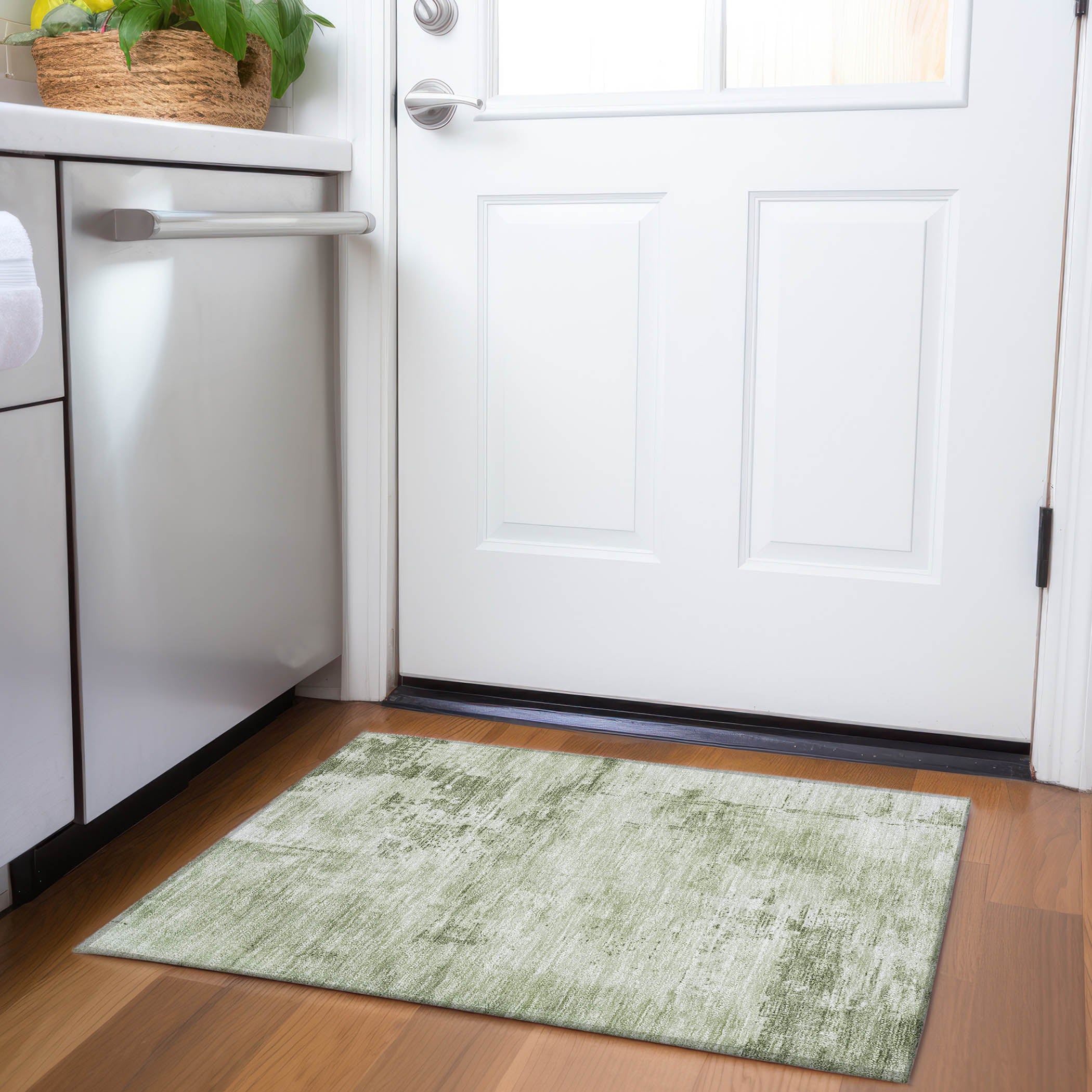 Antigua Machine Washable Transitional Olive Green Rug 1'8" x 2'6" #shape_Rectangle