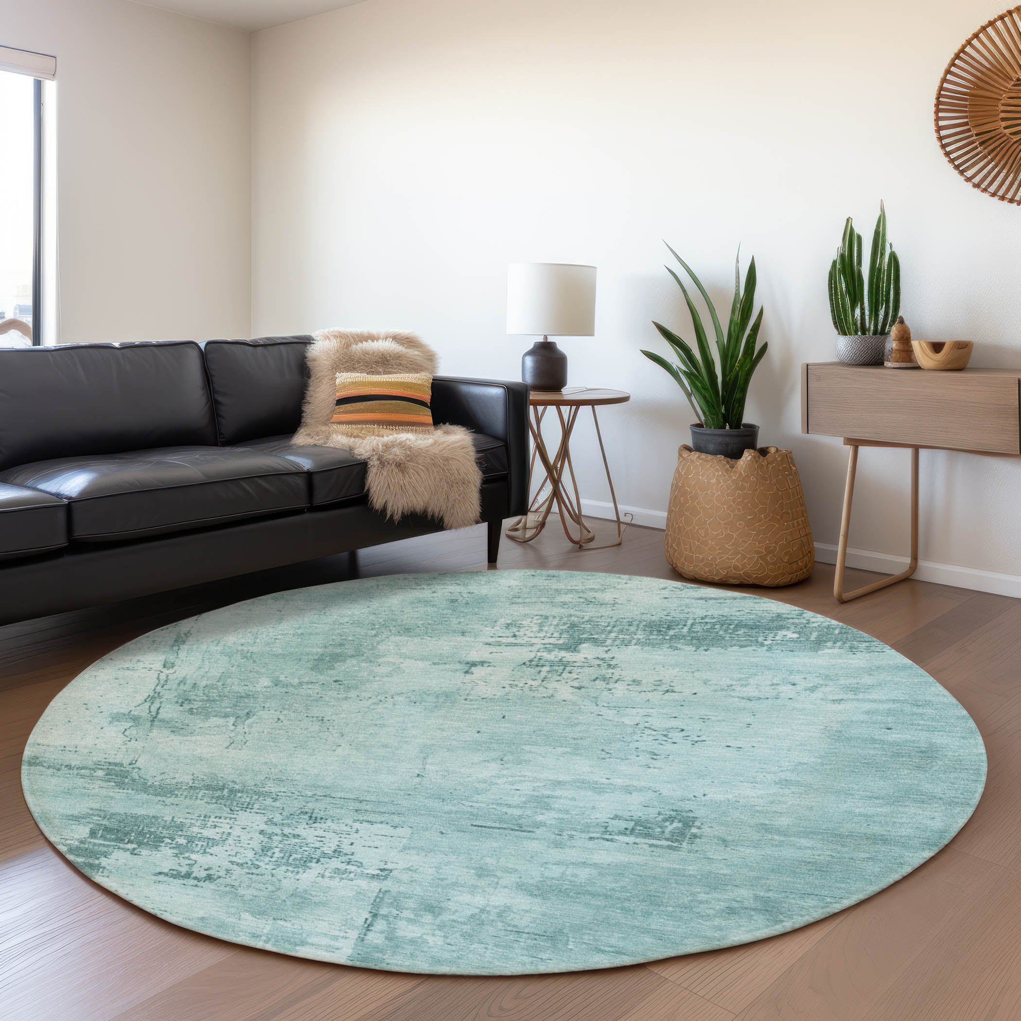 Antigua Machine Washable Transitional Seafoam Blue Rug 8' x 8' #shape_Round