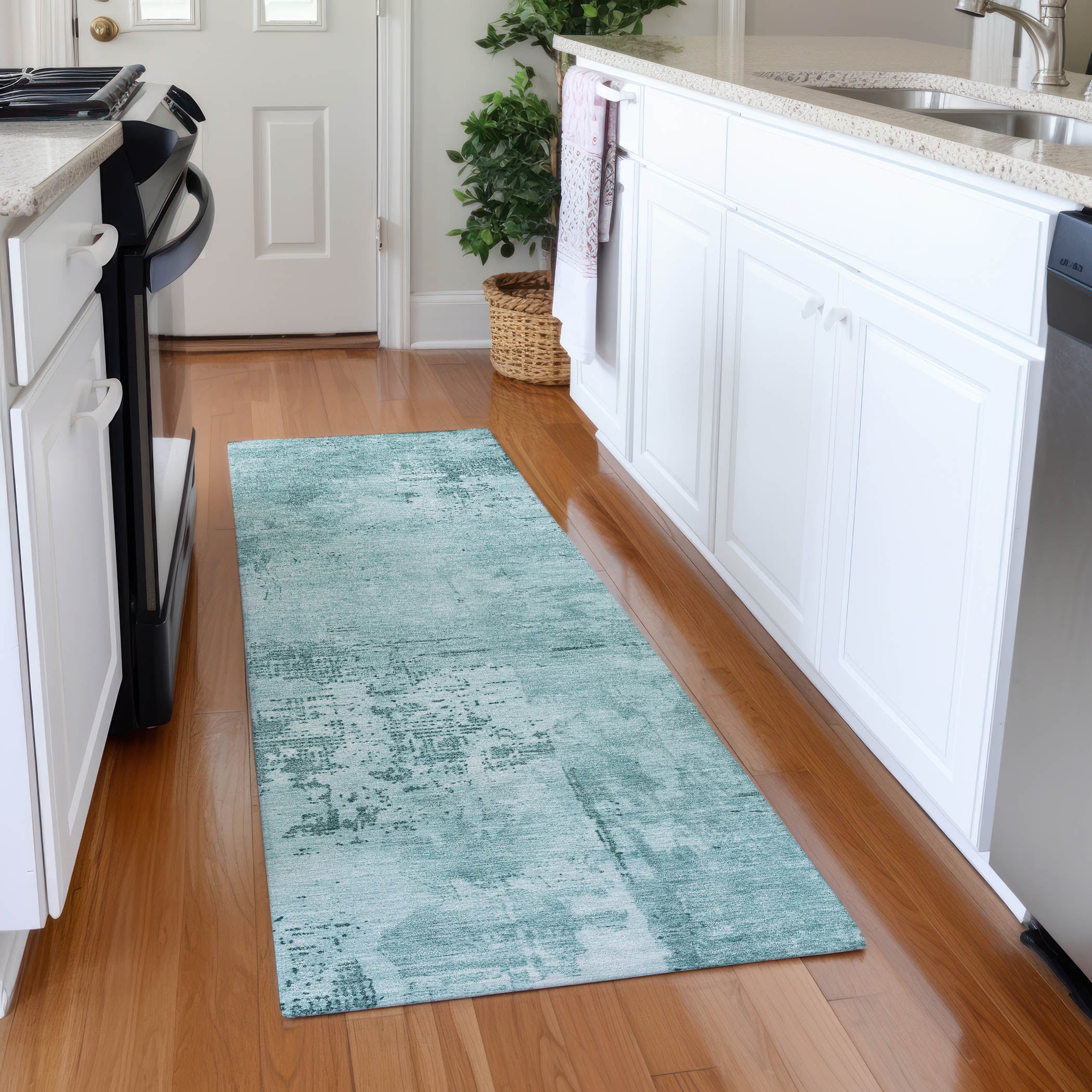Antigua Machine Washable Transitional Seafoam Blue Rug 2'3" x 7'6" #shape_Runner