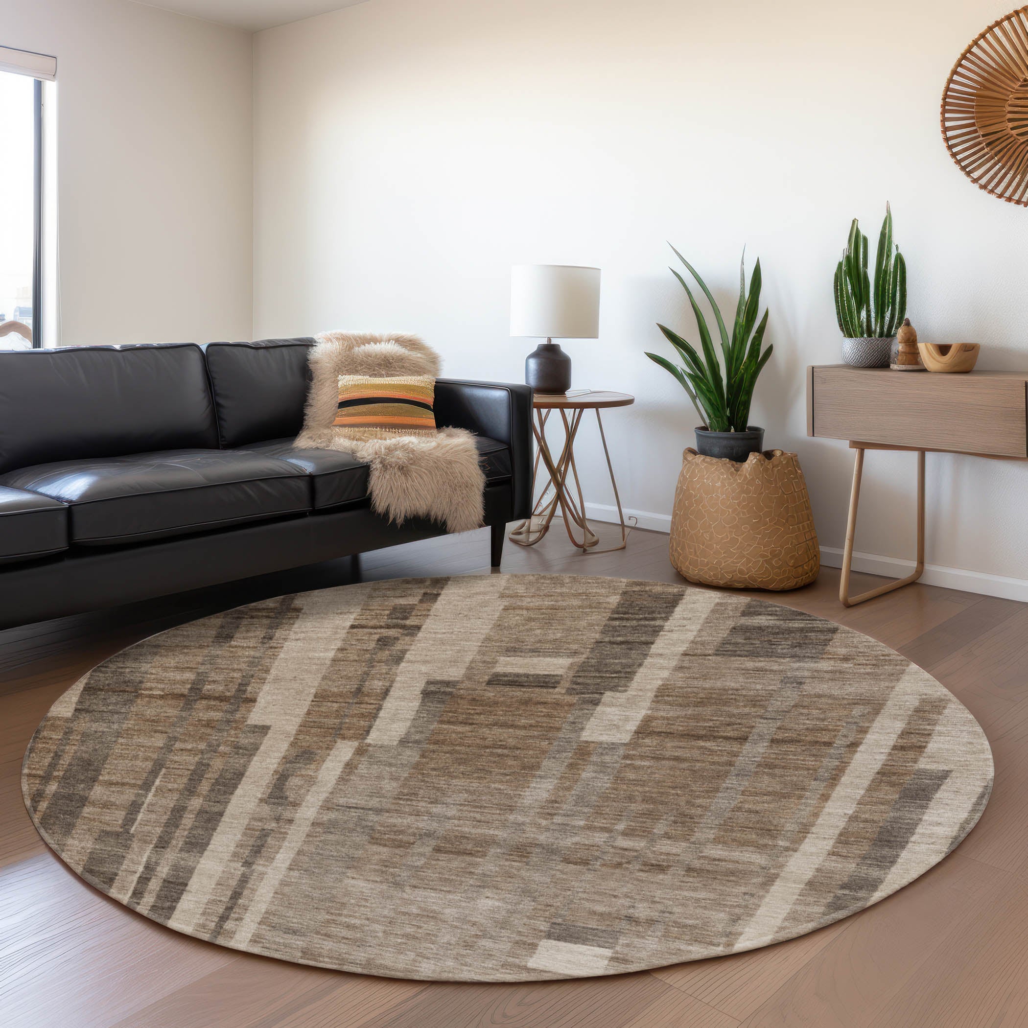 Santorini Machine Washable Transitional Brown Rug 8' x 8' #shape_Round