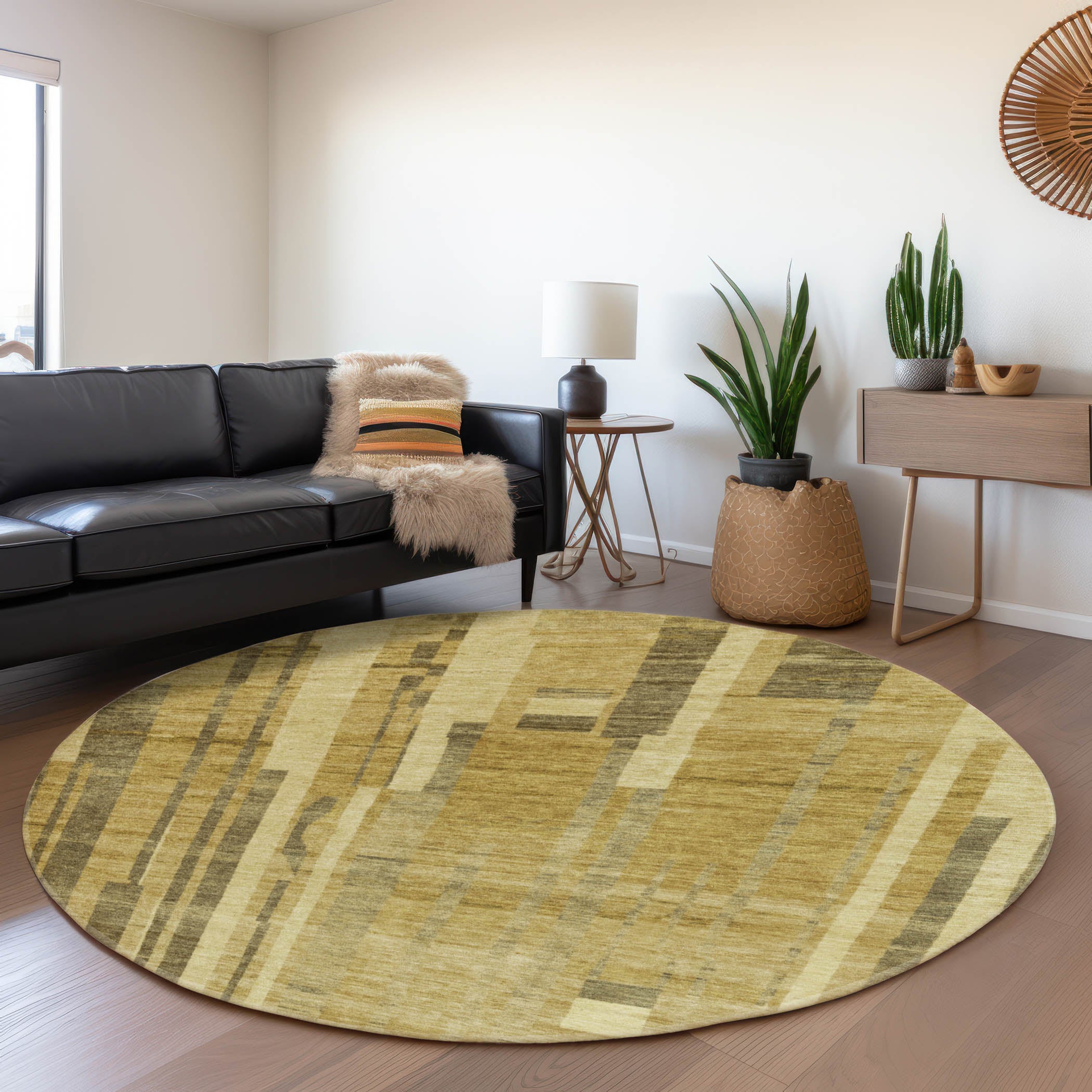 Santorini Machine Washable Transitional Gold Rug 8' x 8' #shape_Round