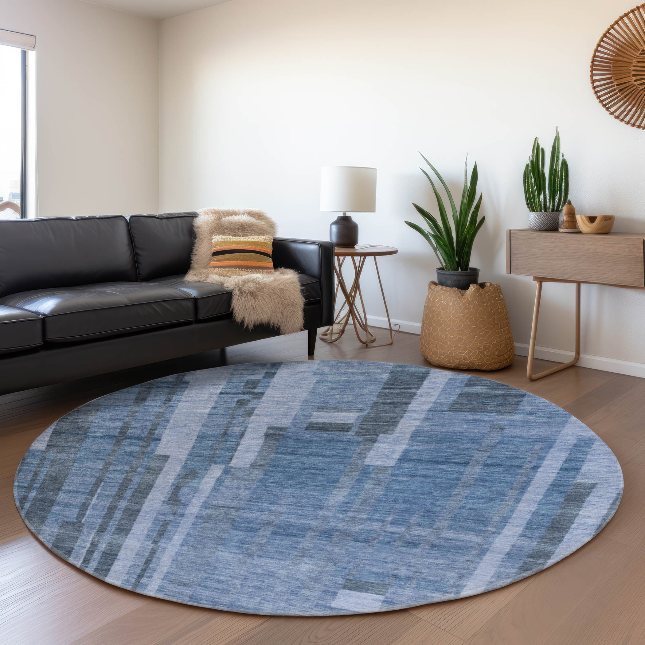 Santorini Machine Washable Transitional Navy Blue Rug 8' x 8' #shape_Round