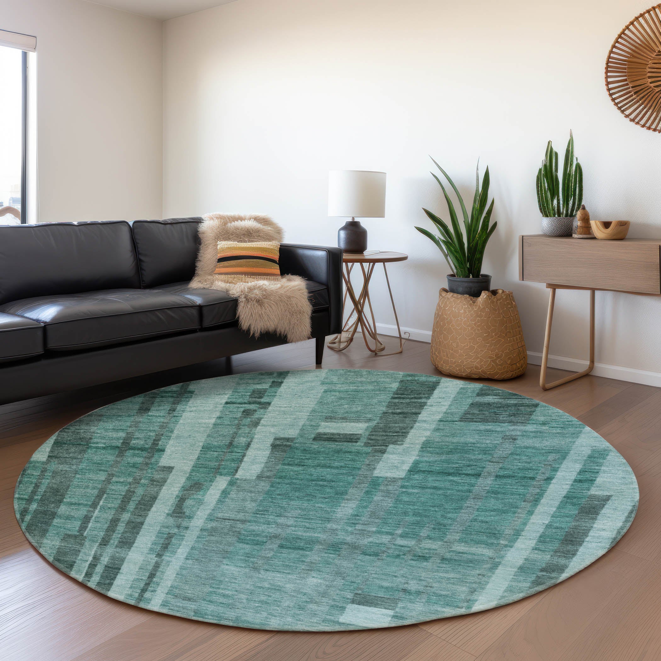 Santorini Machine Washable Transitional Teal Rug 8' x 8' #shape_Round