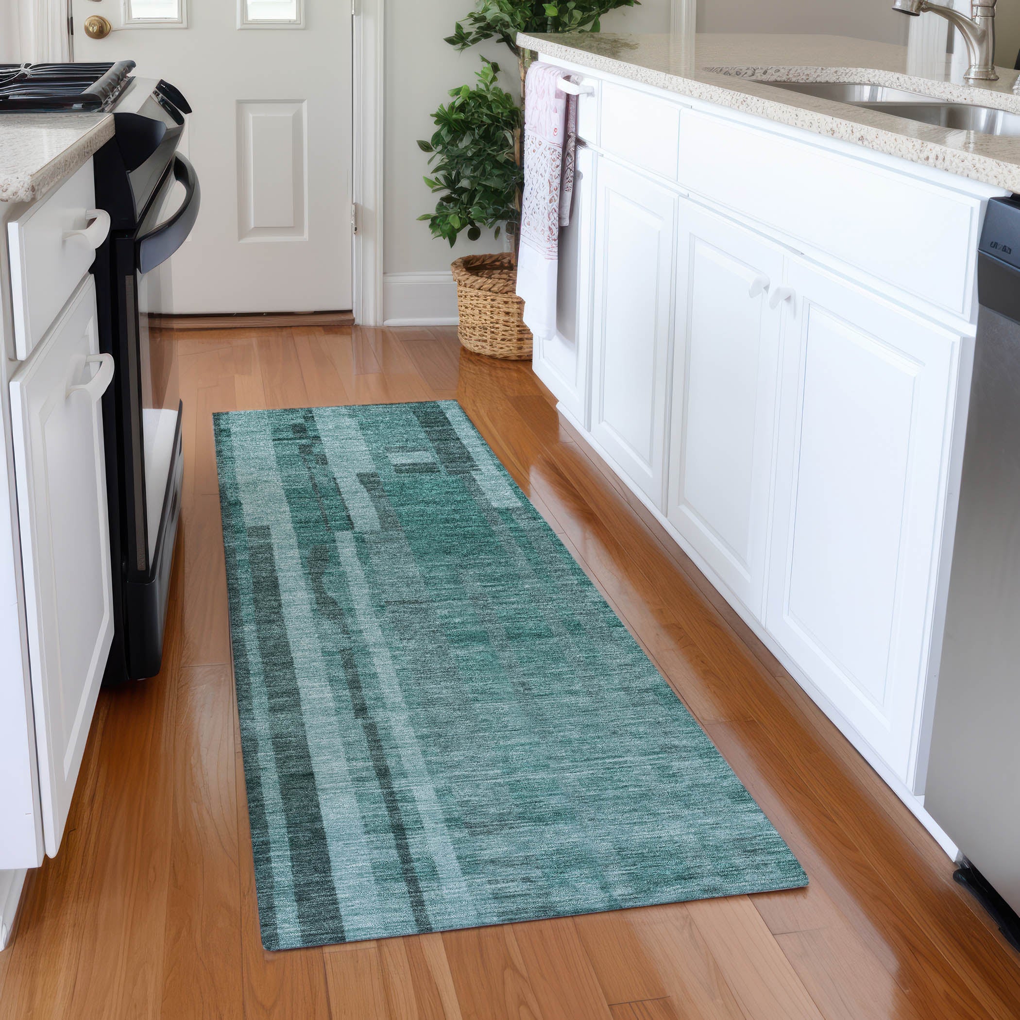 Santorini Machine Washable Transitional Teal Rug 2'3" x 7'6" #shape_Runner