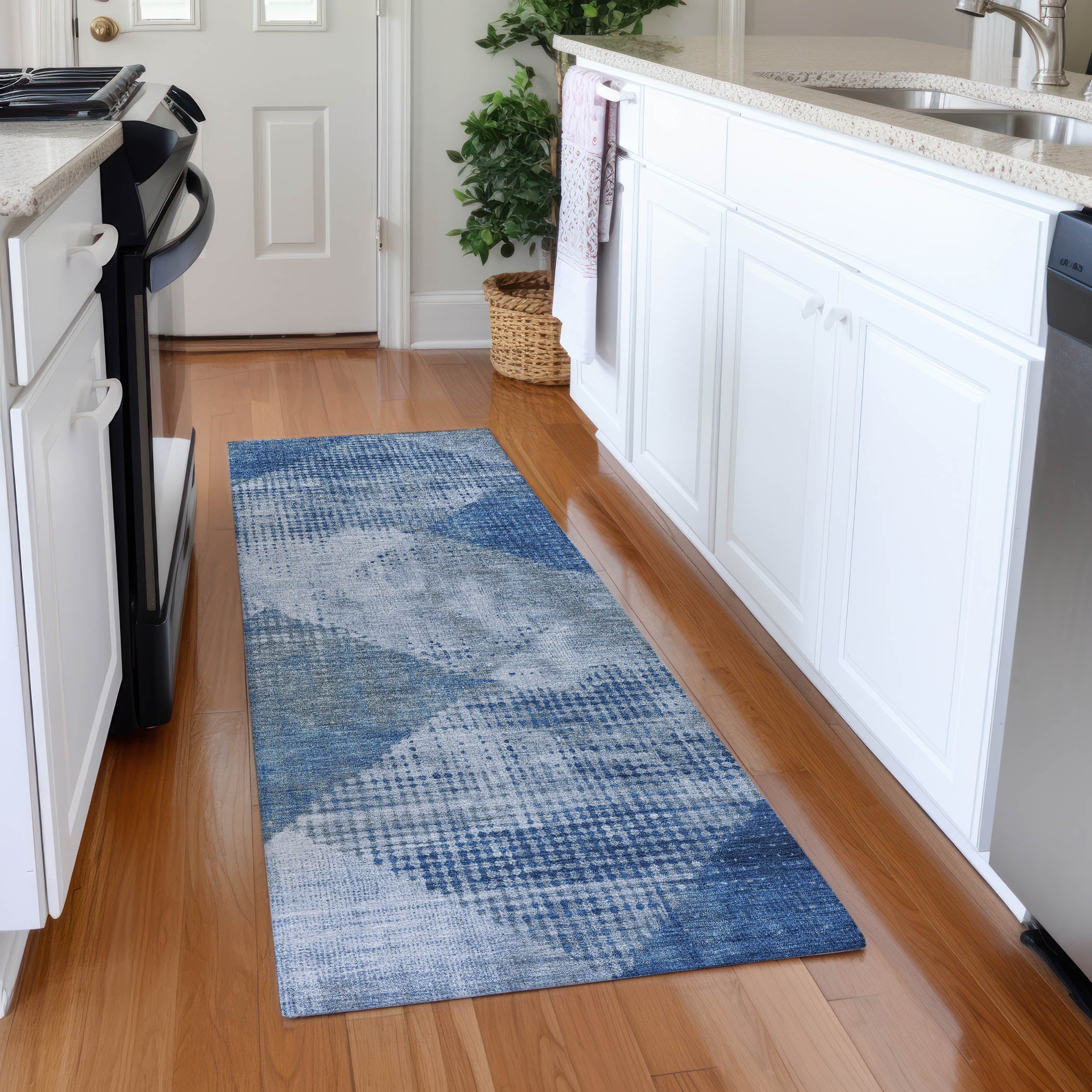 Mostar Machine Washable Transitional Blue Rug 2'3" x 7'6" #shape_Runner