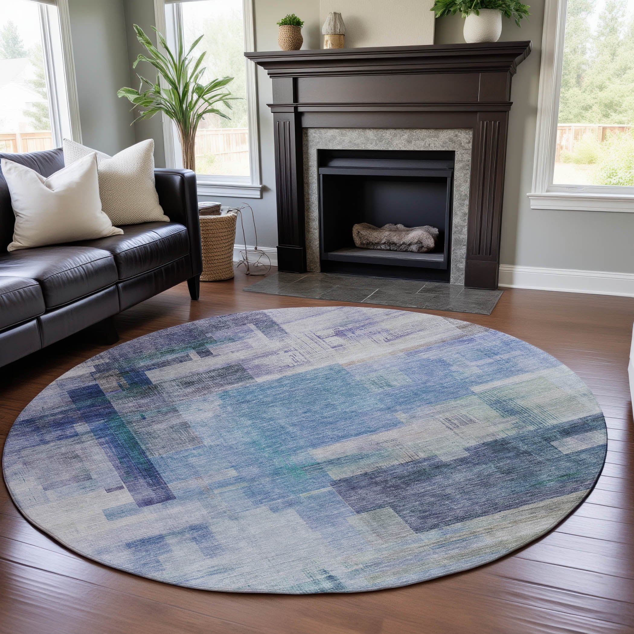 Havana Machine Washable Transitional Blue Rug 8' x 8' #shape_Round