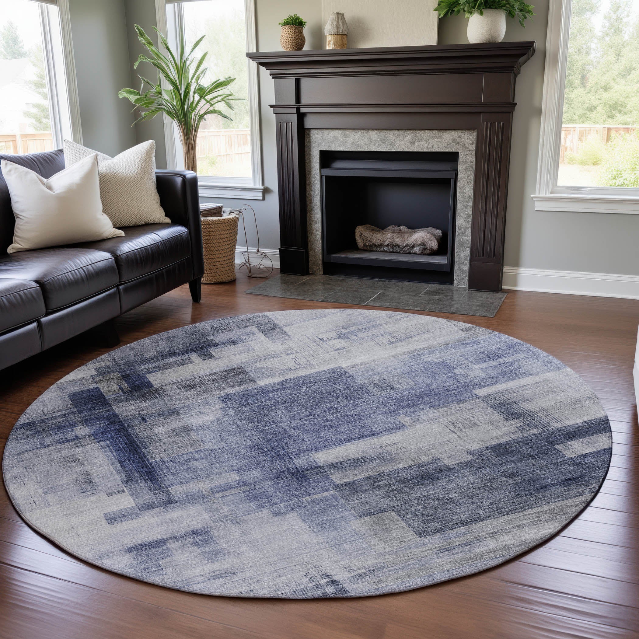 Havana Machine Washable Transitional Denim Blue Rug 8' x 8' #shape_Round