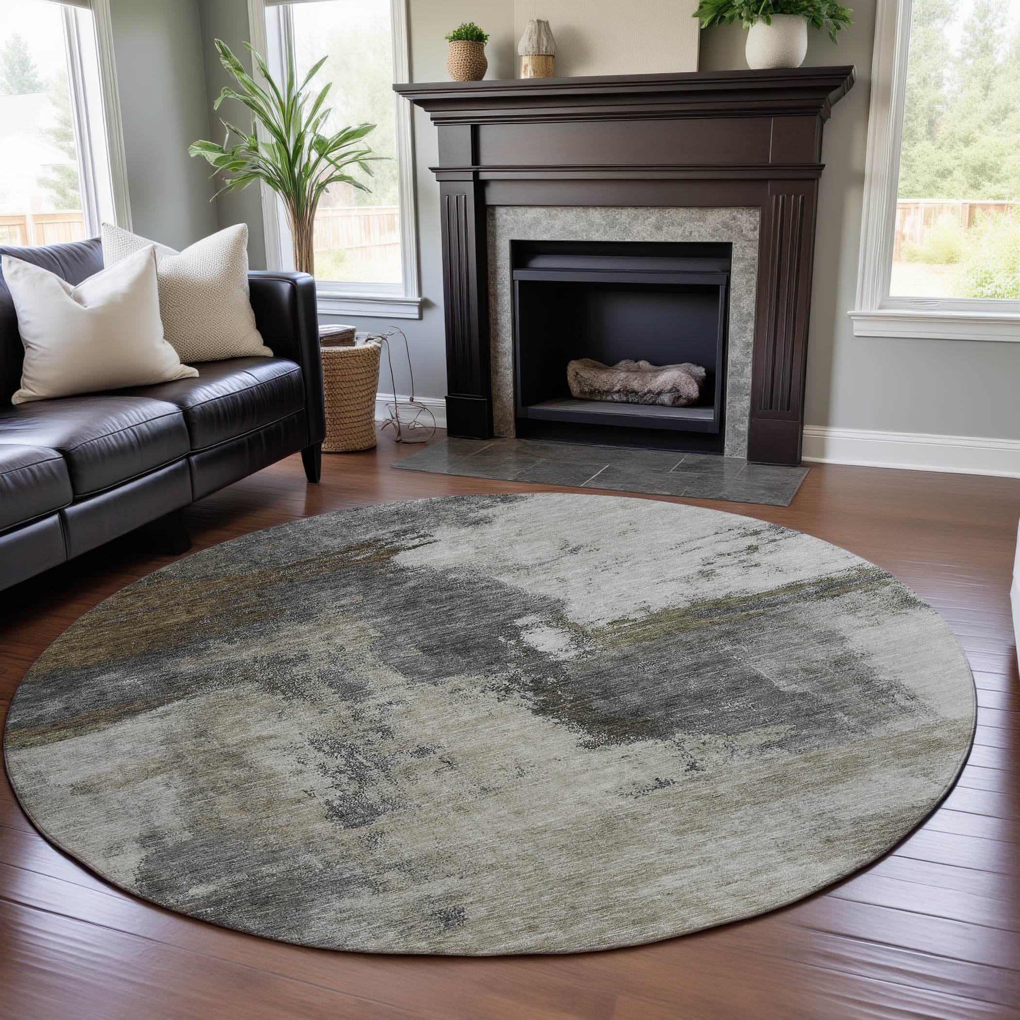 Luang Prabang Machine Washable Transitional Gray Rug 8' x 8' #shape_Round