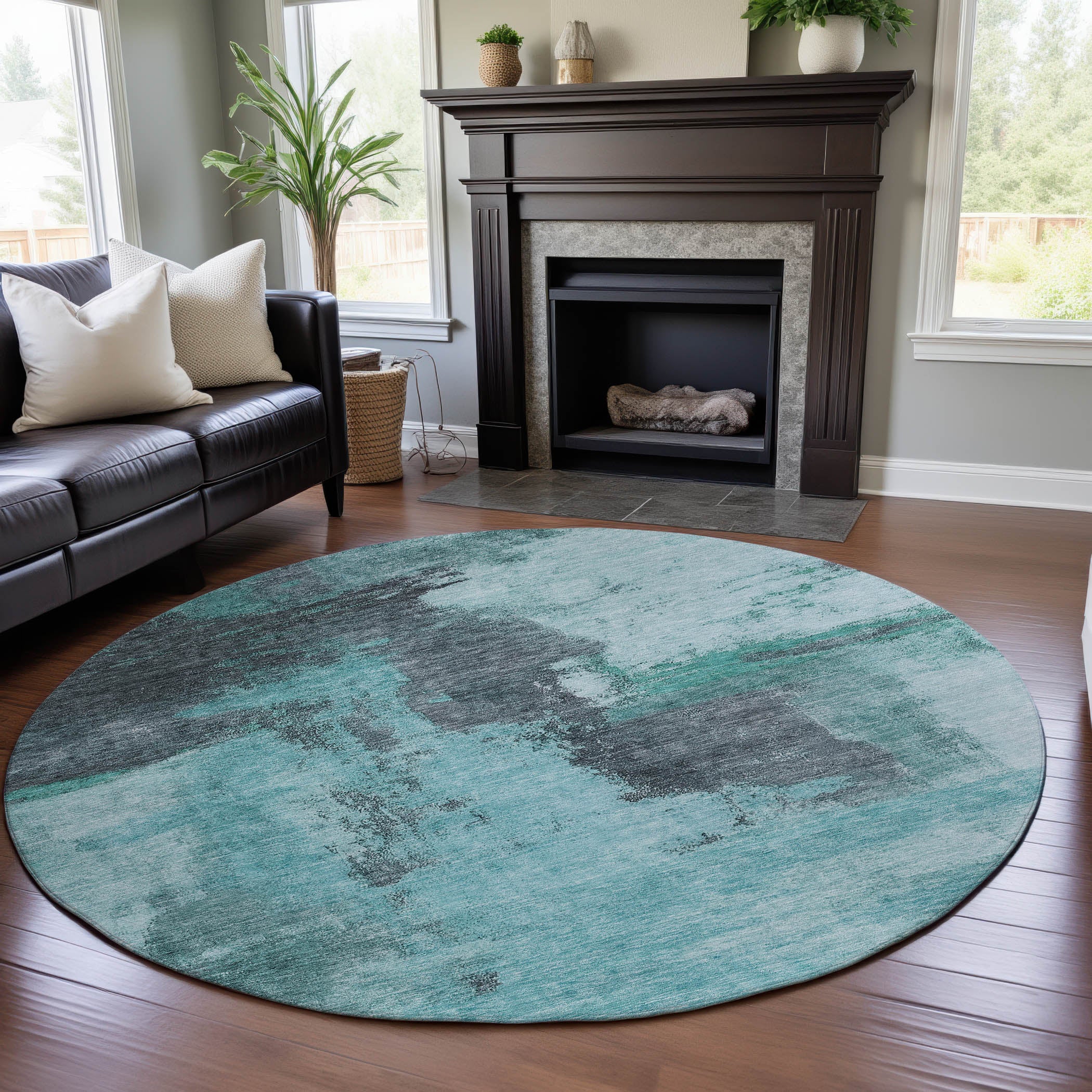 Luang Prabang Machine Washable Transitional Teal Rug 8' x 8' #shape_Round