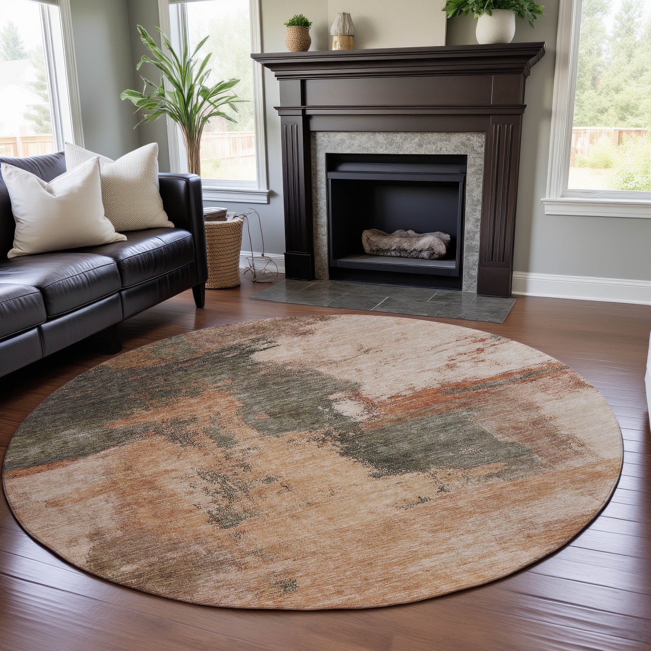Luang Prabang Machine Washable Transitional Terracotta Orange Rug 8' x 8' #shape_Round