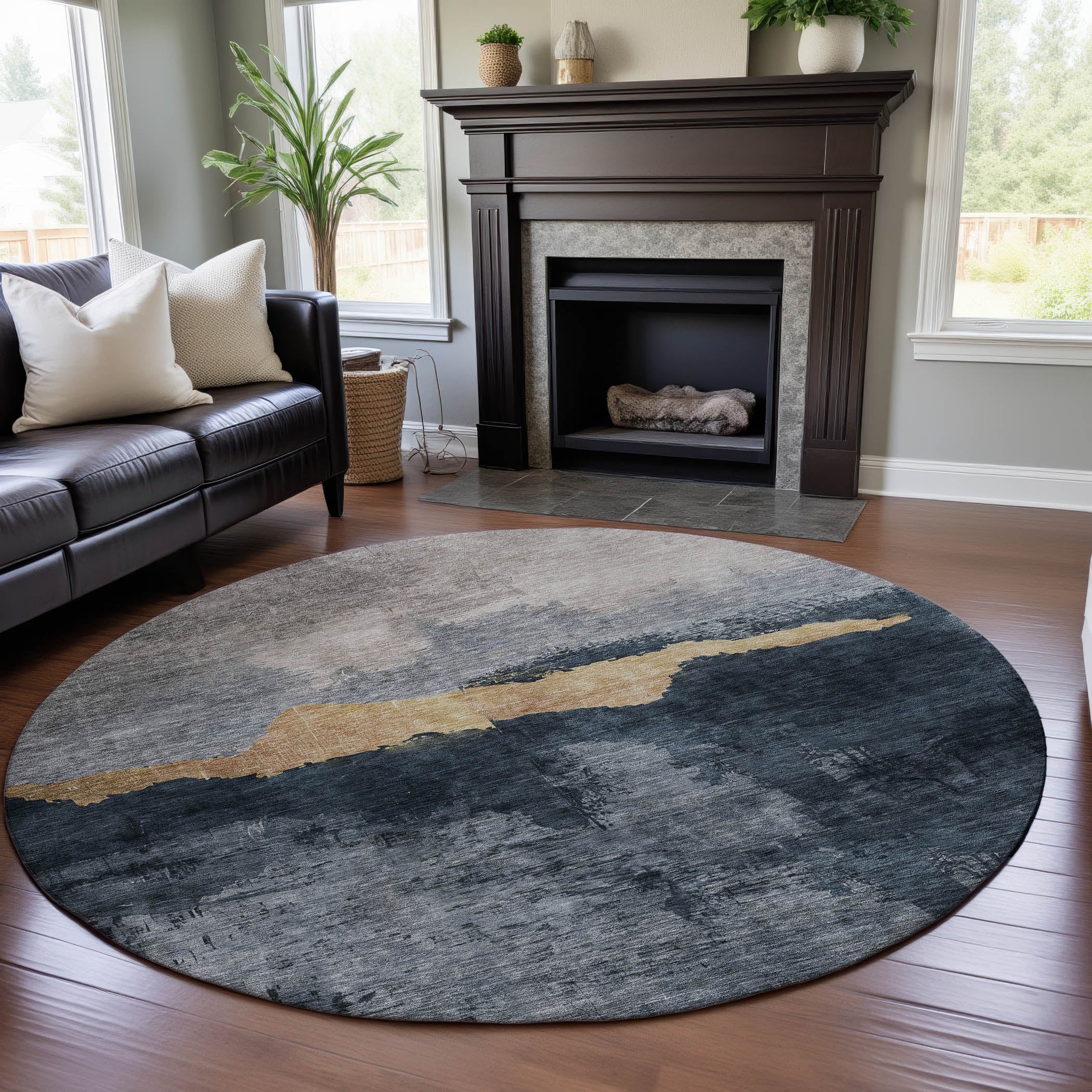Kathmandu Machine Washable Transitional Blue Rug 8' x 8' #shape_Round