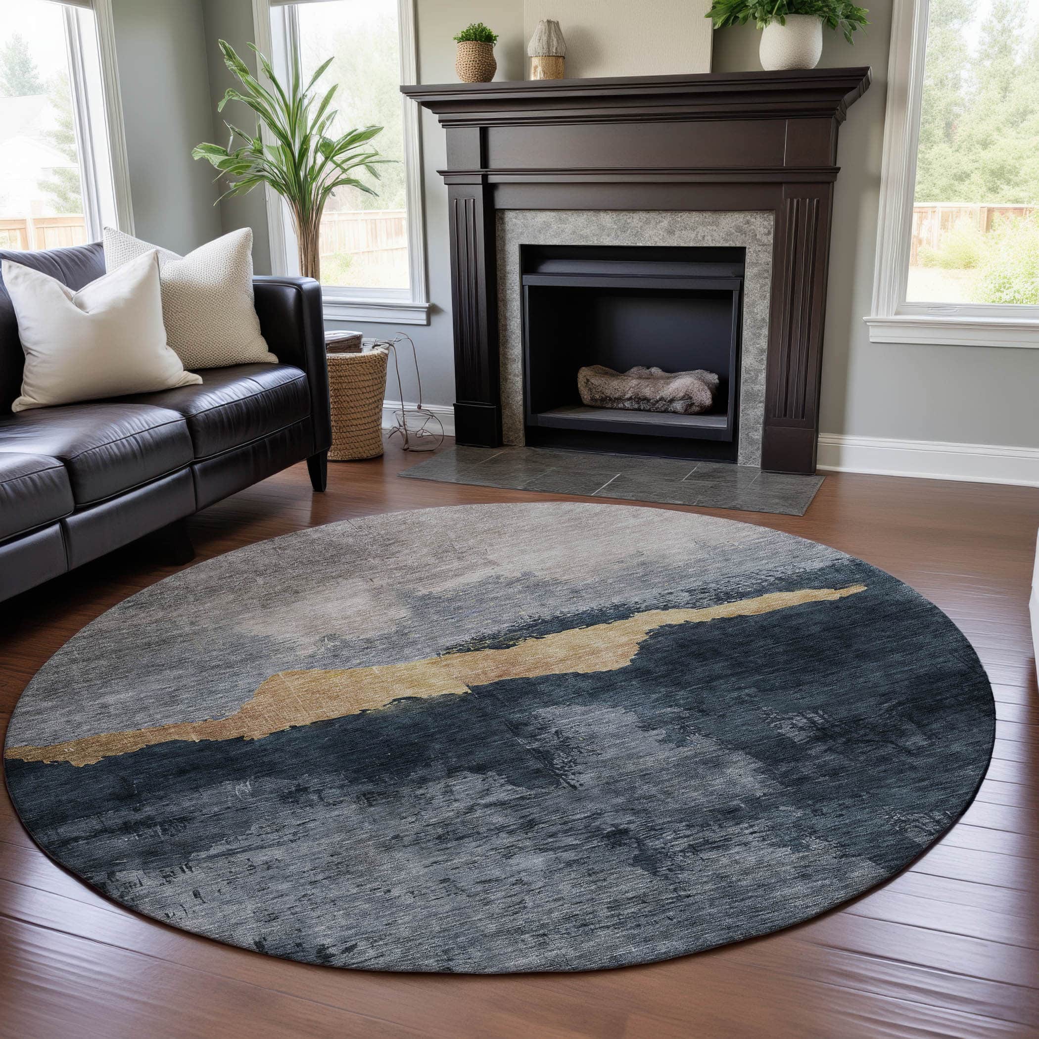 Kathmandu Machine Washable Transitional Blue Rug 8' x 8' #shape_Round