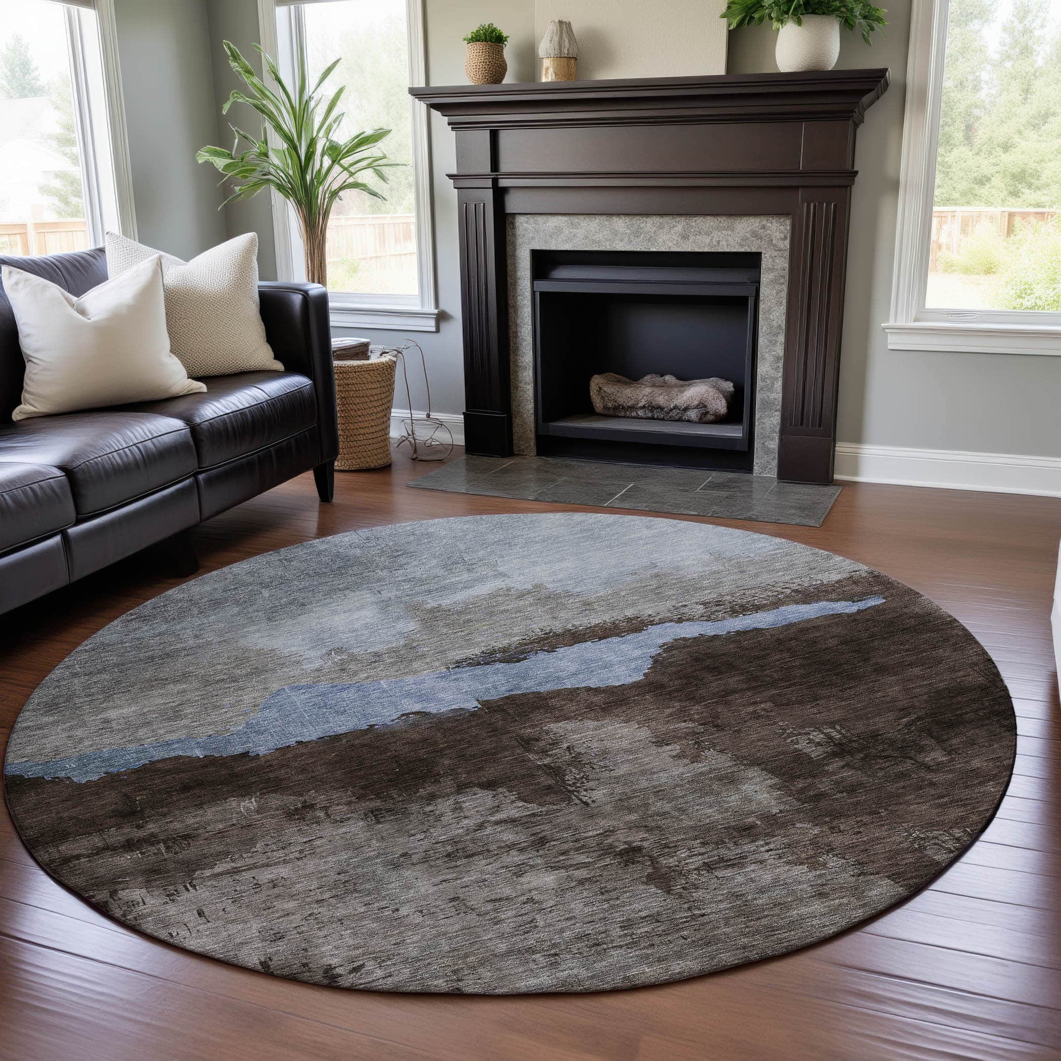 Kathmandu Machine Washable Transitional Chocolate Brown Rug 8' x 8' #shape_Round