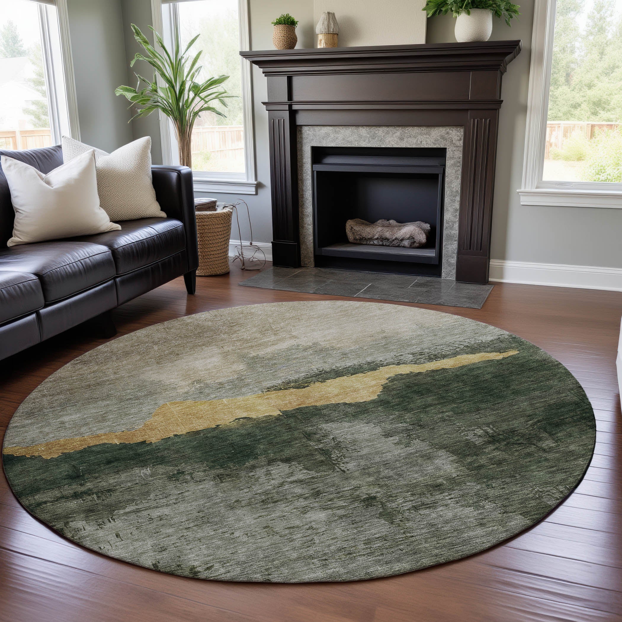 Kathmandu Machine Washable Transitional Fern Green Rug 8' x 8' #shape_Round