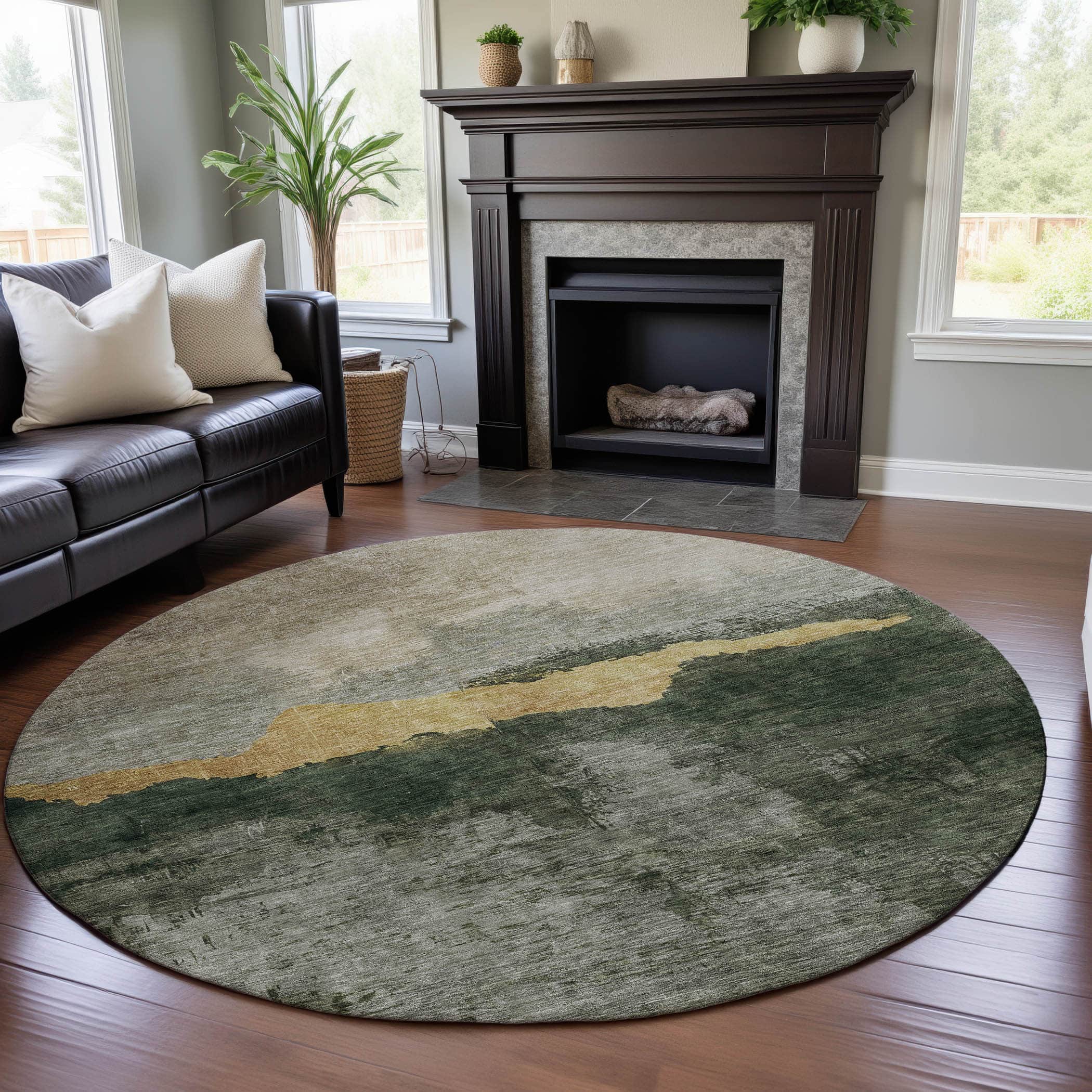 Kathmandu Machine Washable Transitional Fern Green Rug 8' x 8' #shape_Round
