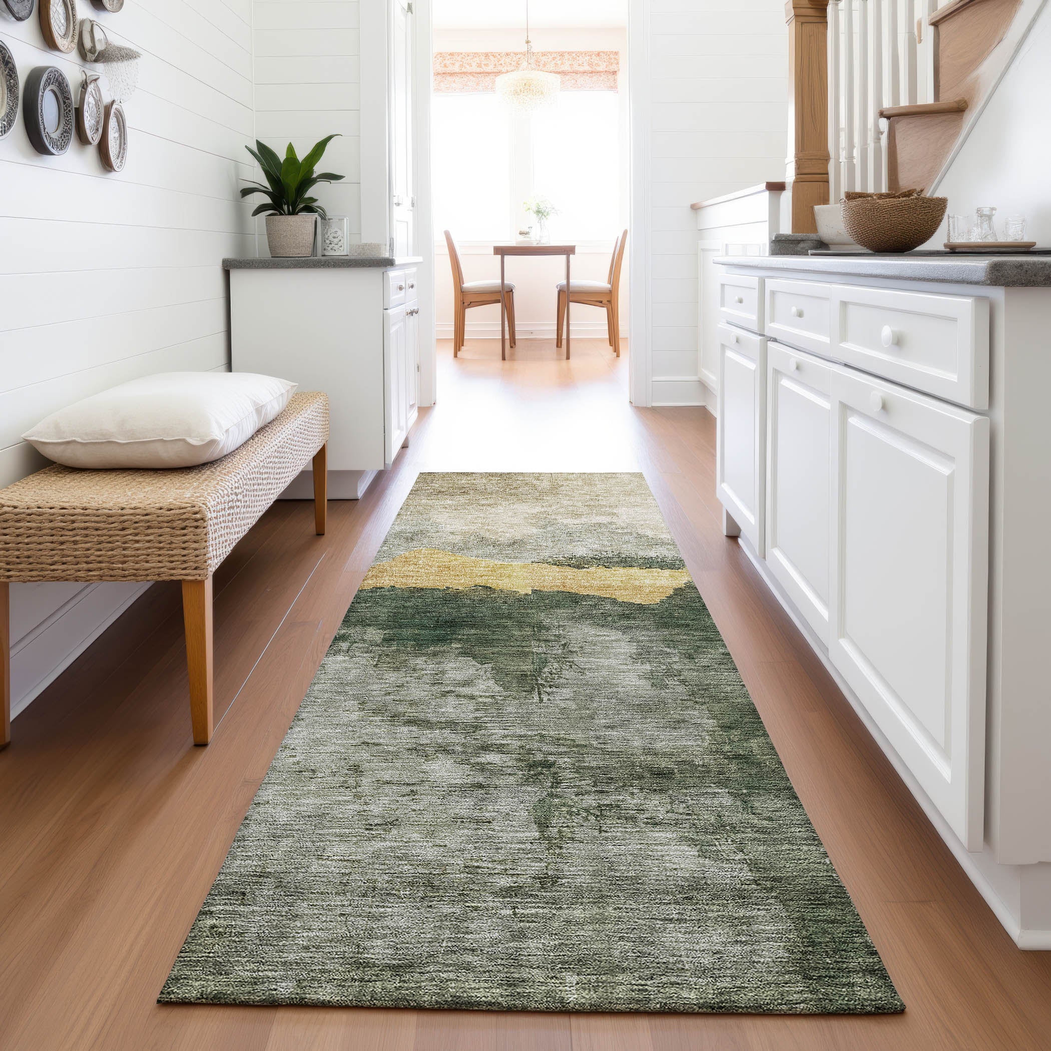 Kathmandu Machine Washable Transitional Fern Green Rug 2'3" x 7'6" #shape_Runner
