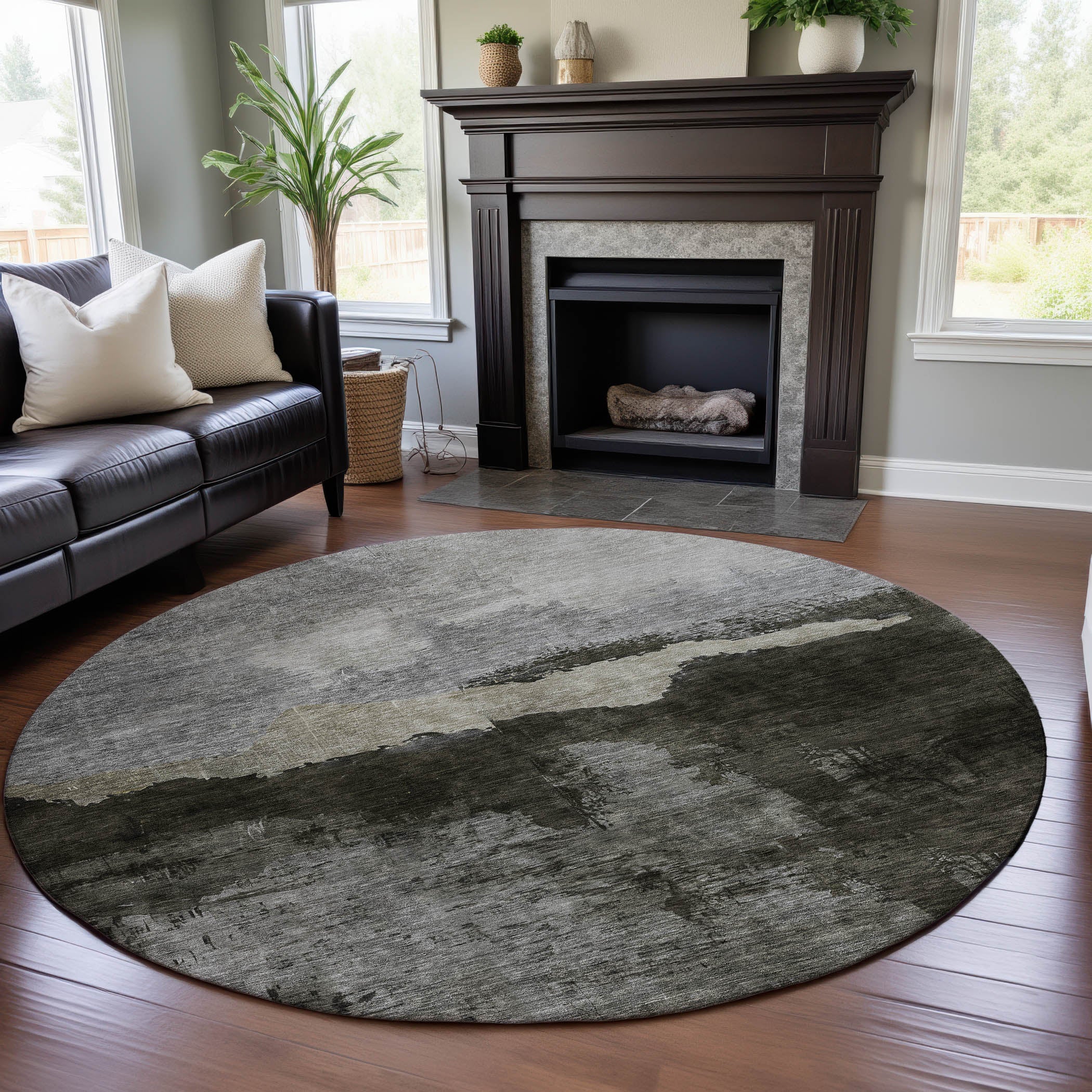 Kathmandu Machine Washable Transitional Taupe Brown Rug 8' x 8' #shape_Round