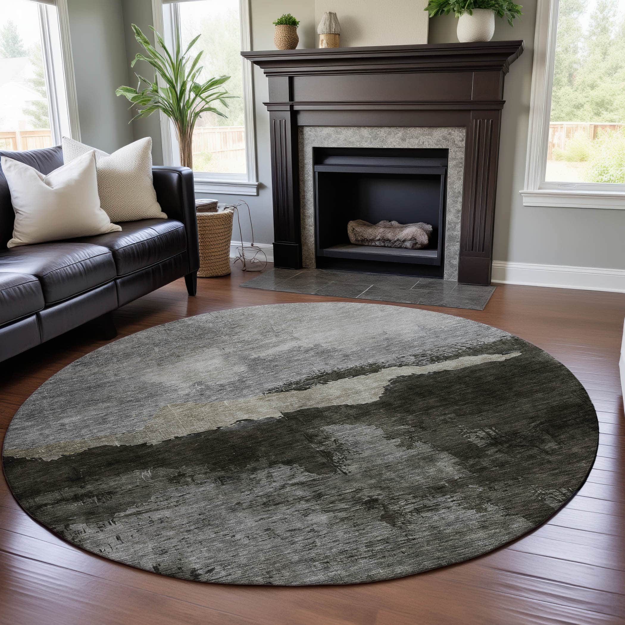 Kathmandu Machine Washable Transitional Taupe Brown Rug 8' x 8' #shape_Round