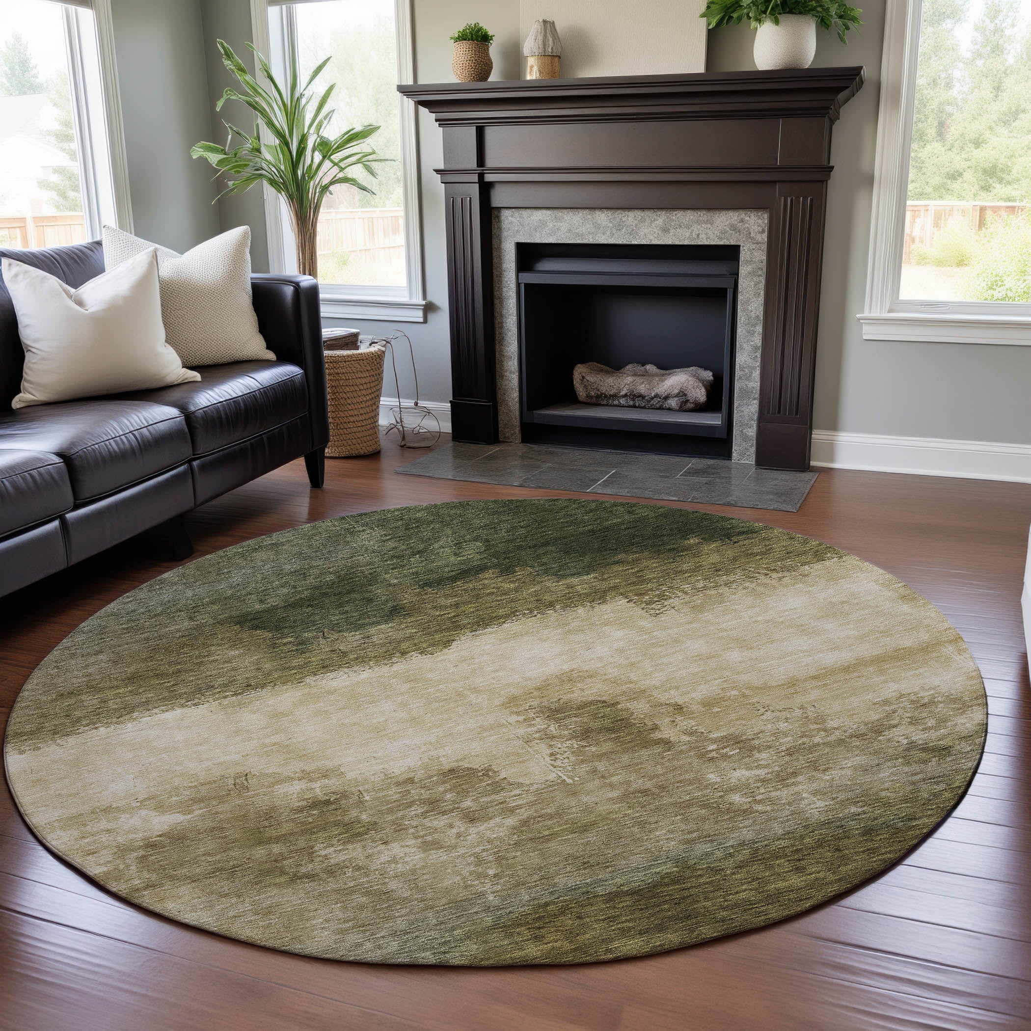 Tallinn Machine Washable Transitional Fern Green Rug 8' x 8' #shape_Round