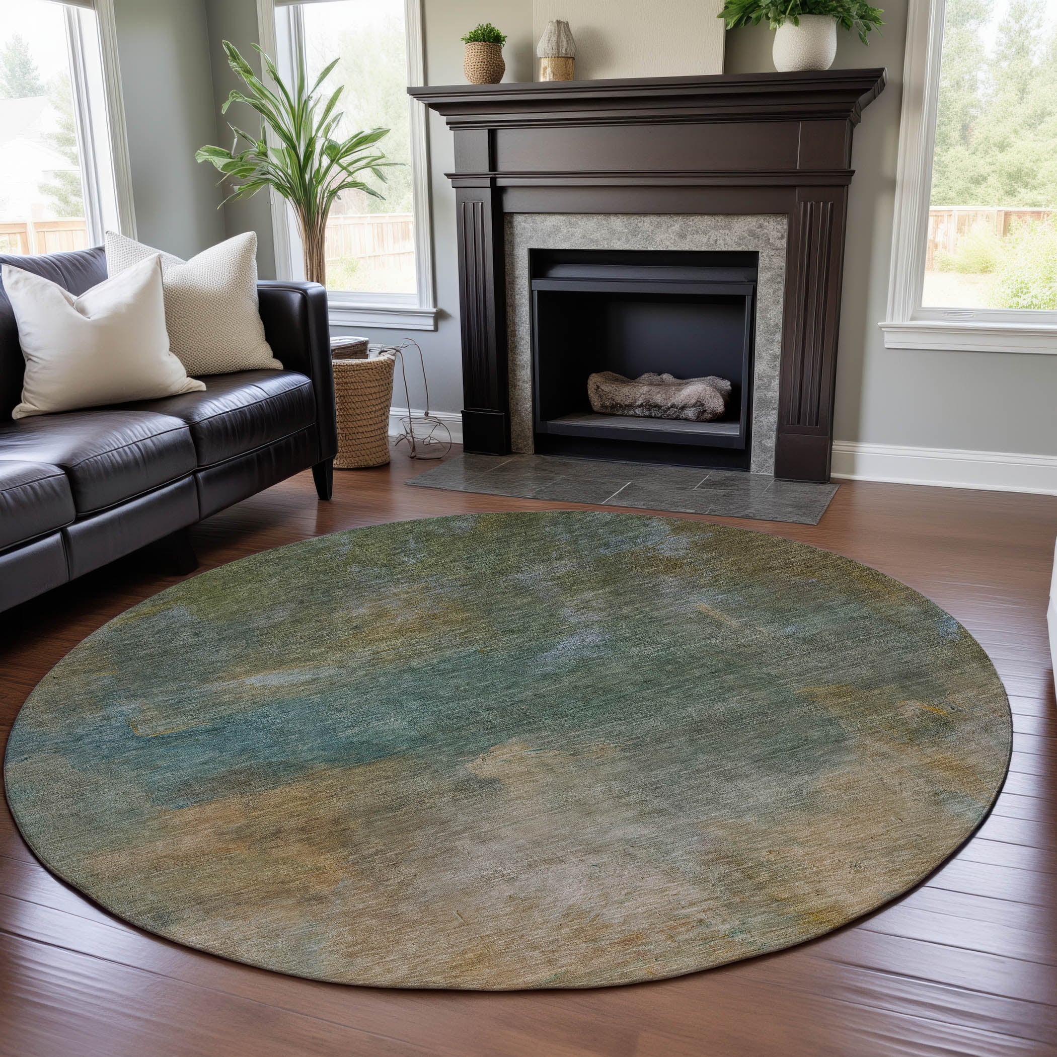 Tallinn Machine Washable Transitional Aloe Green Rug 8' x 8' #shape_Round