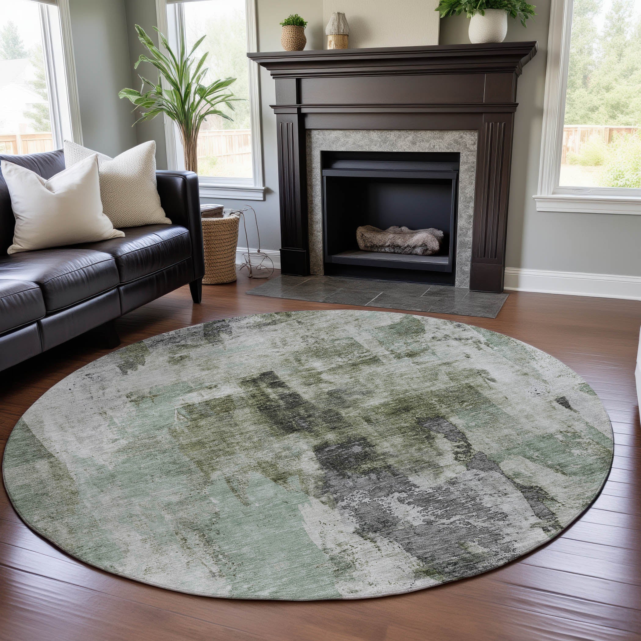 Luang Prabang Machine Washable Transitional Mint Green Rug 8' x 8' #shape_Round