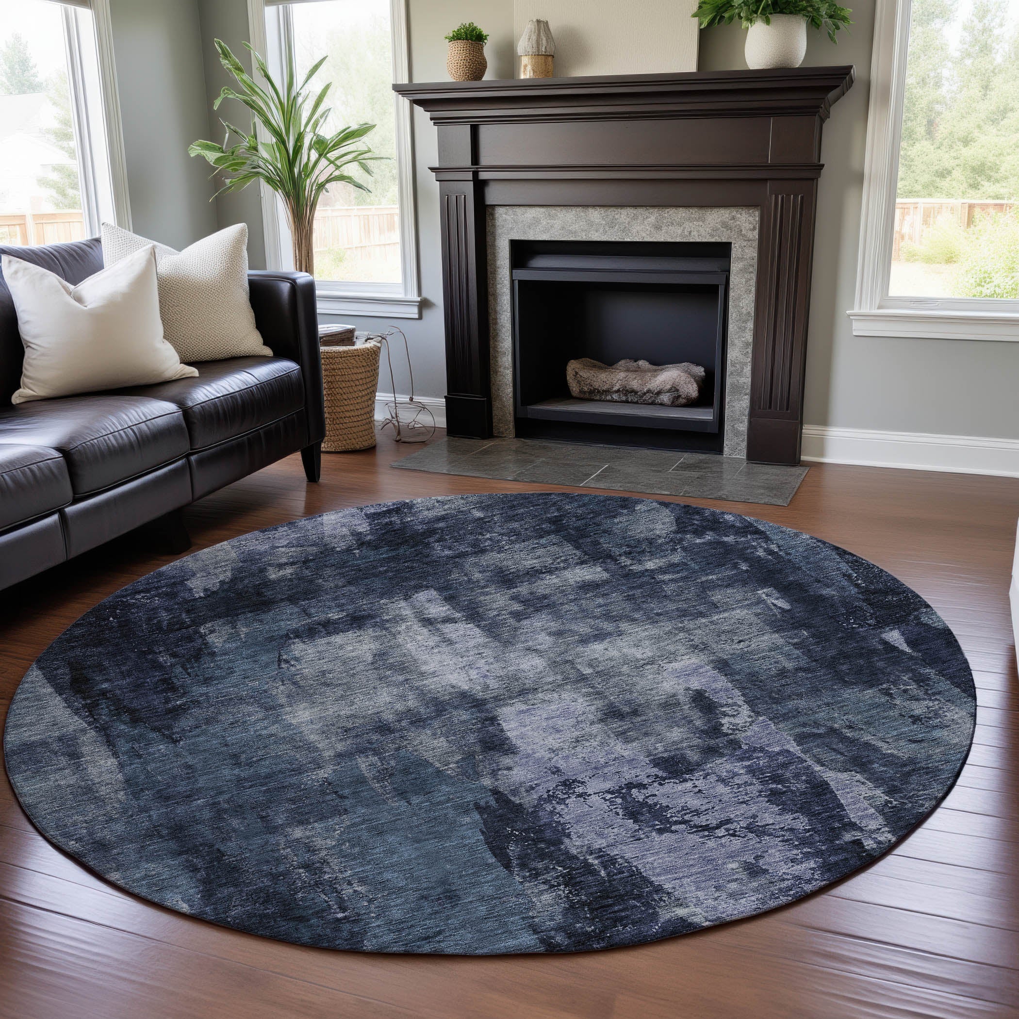Dubrovnik Machine Washable Transitional Navy Blue Rug 8' x 8' #shape_Round