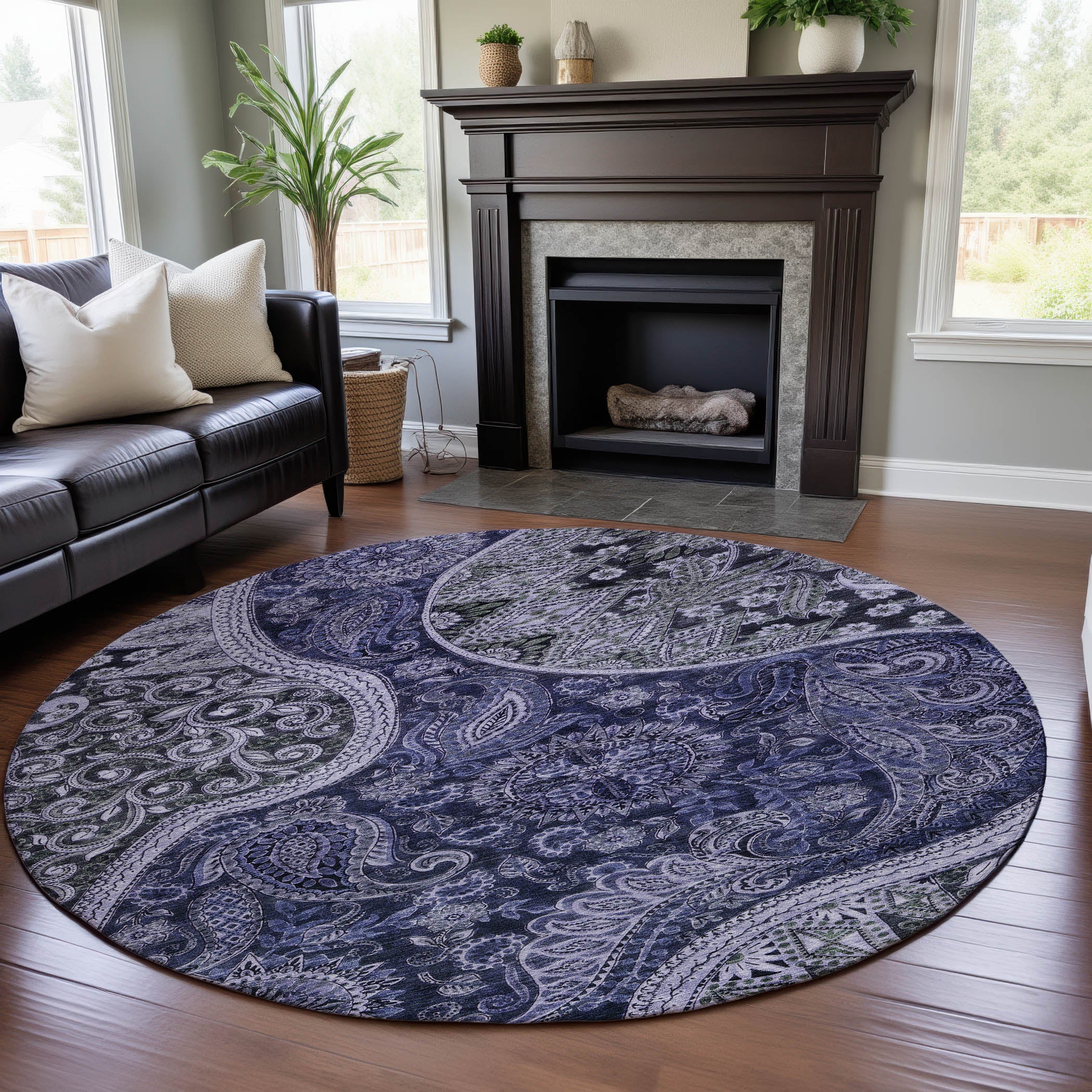 Prague Machine Washable Transitional Navy Blue Rug 8' x 8' #shape_Round