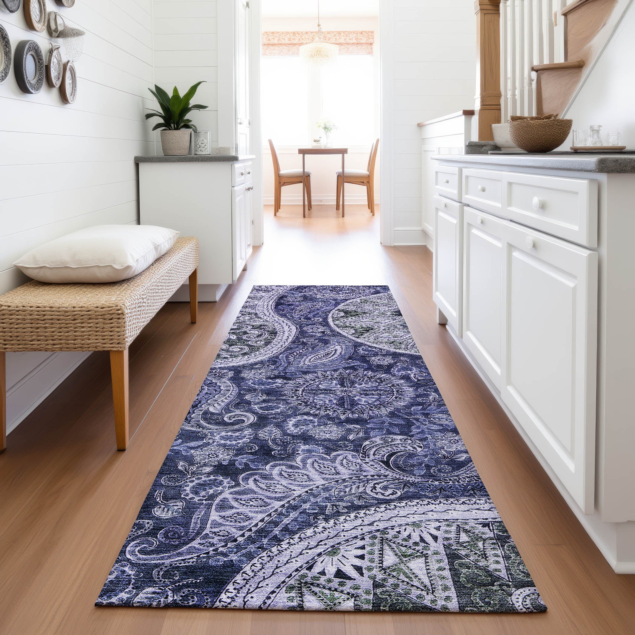 Prague Machine Washable Transitional Navy Blue Rug 2'3" x 7'6" #shape_Runner