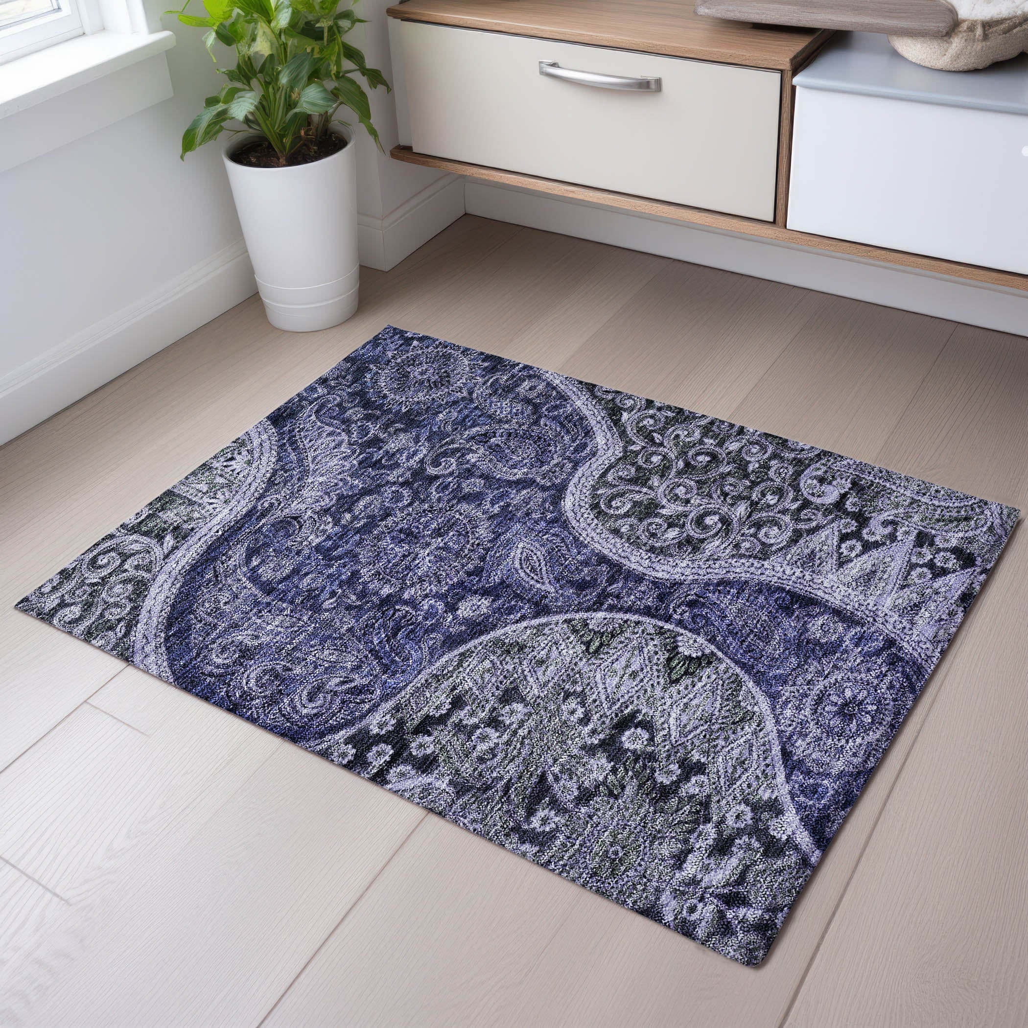 Prague Machine Washable Transitional Navy Blue Rug 1'8" x 2'6" #shape_Rectangle