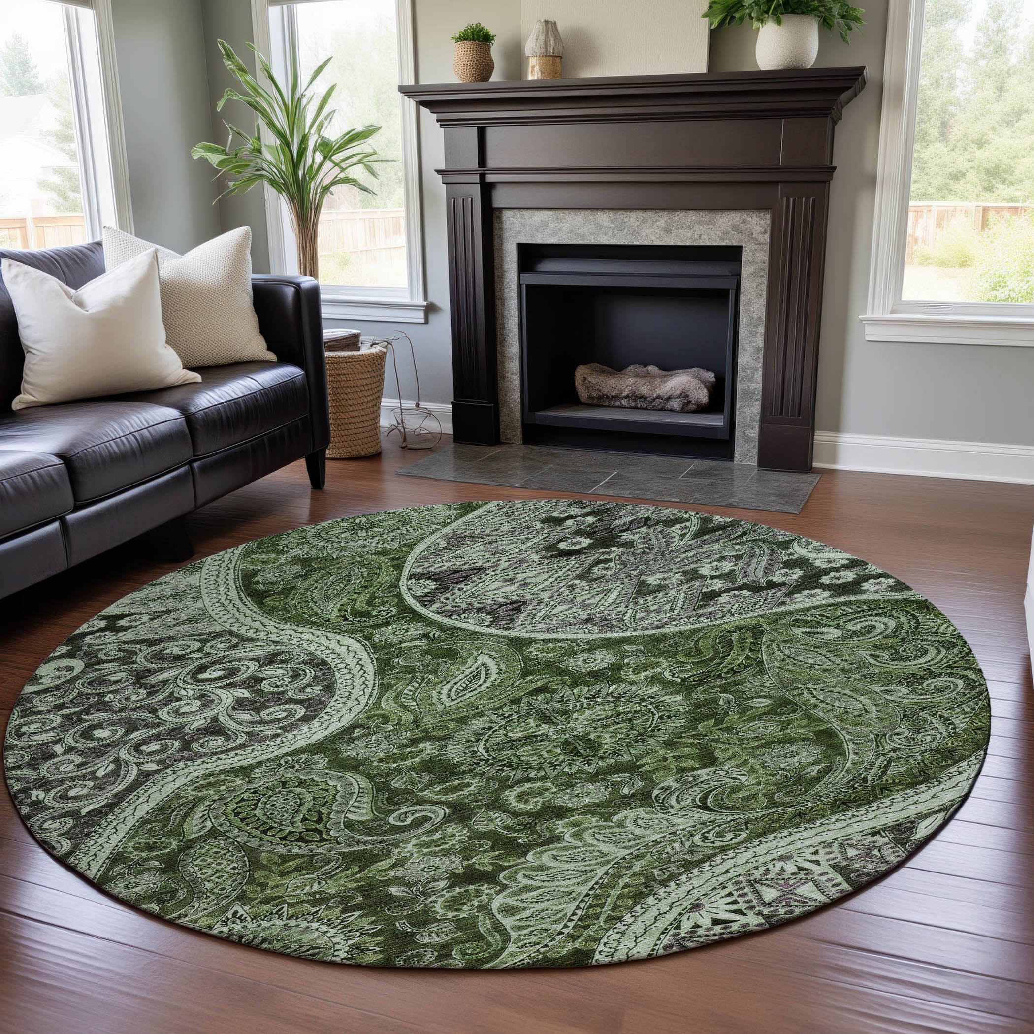Prague Machine Washable Transitional Olive Green Rug 8' x 8' #shape_Round