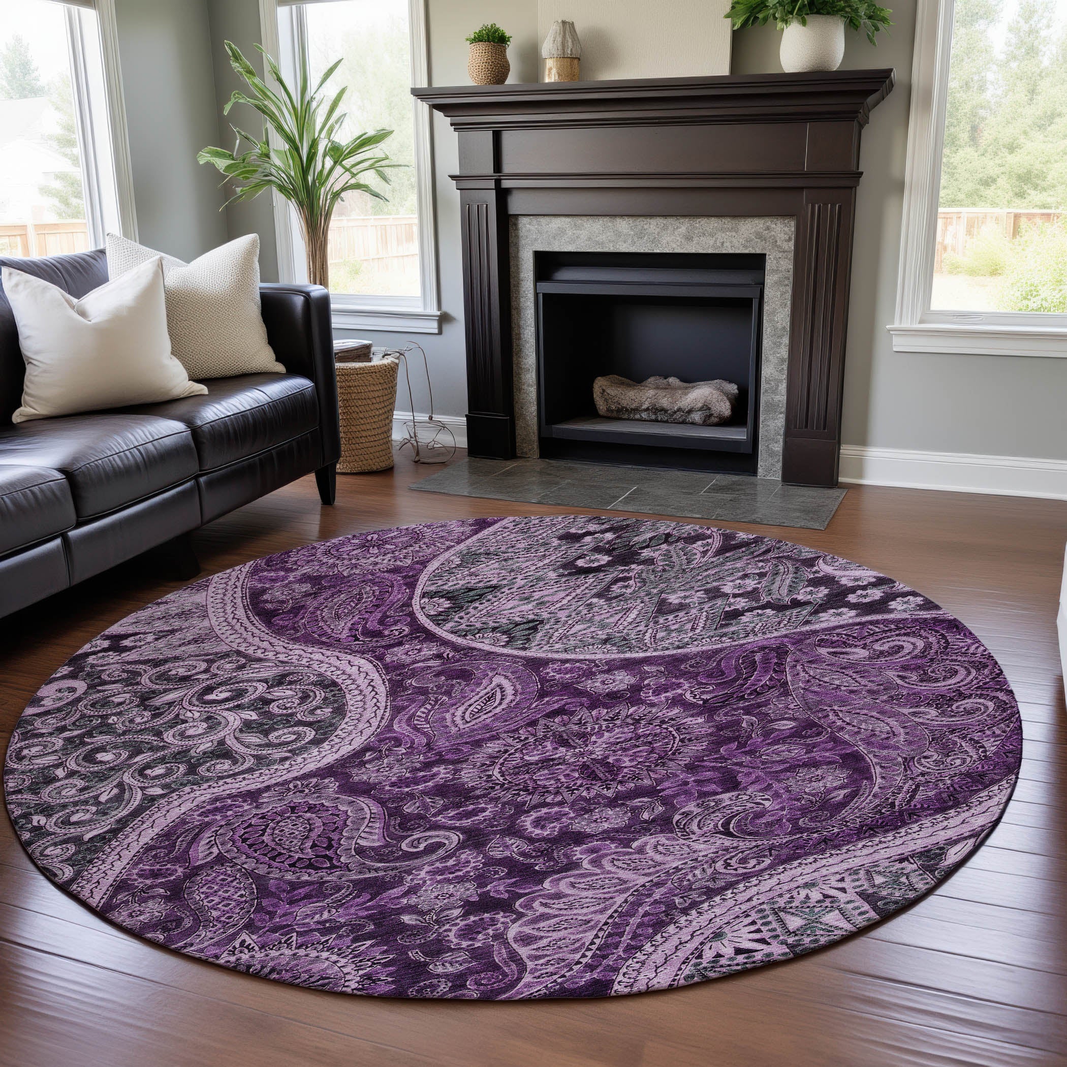 Prague Machine Washable Transitional Purple Rug 8' x 8' #shape_Round