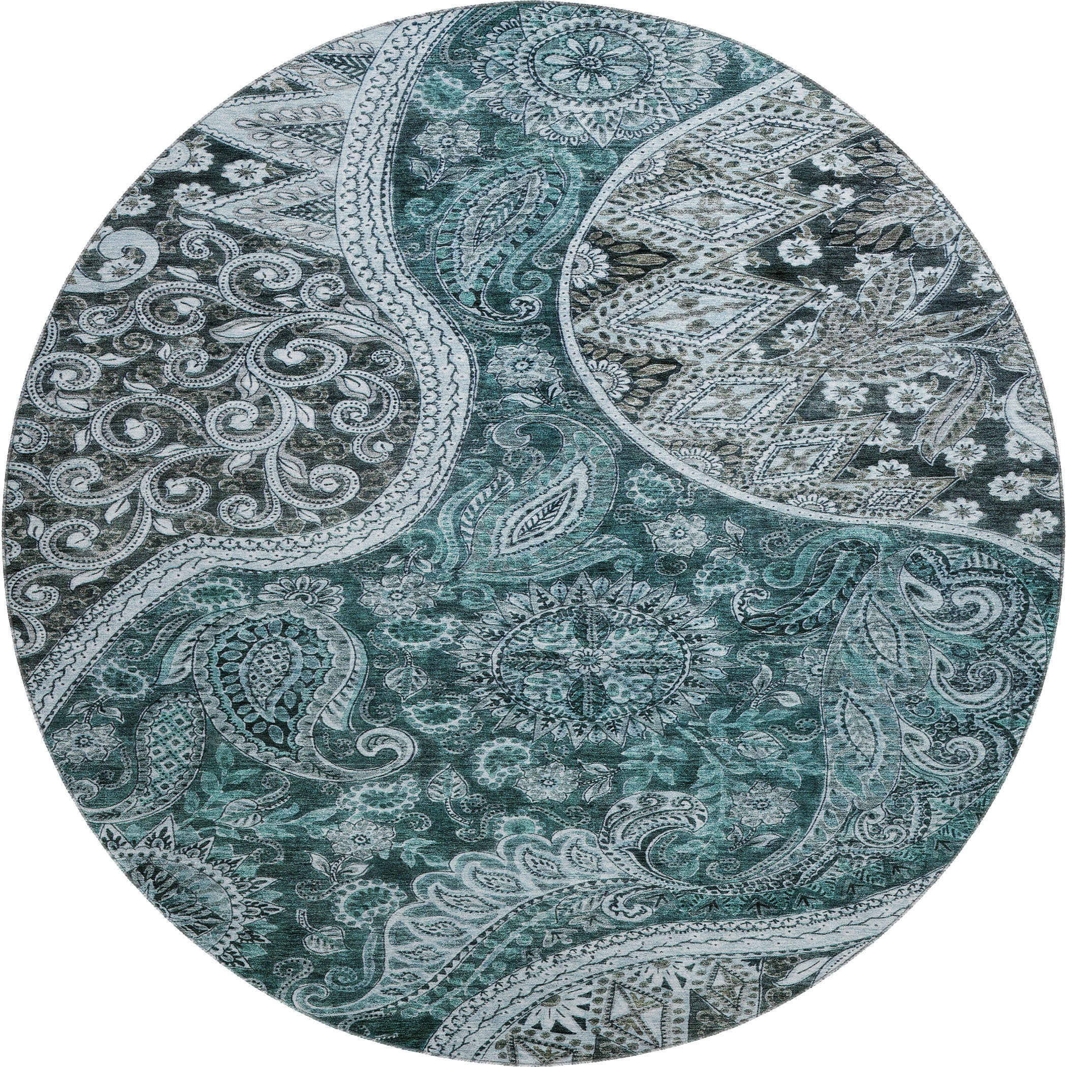 Prague Machine Washable Transitional Teal Rug 8' x 8' #shape_Round