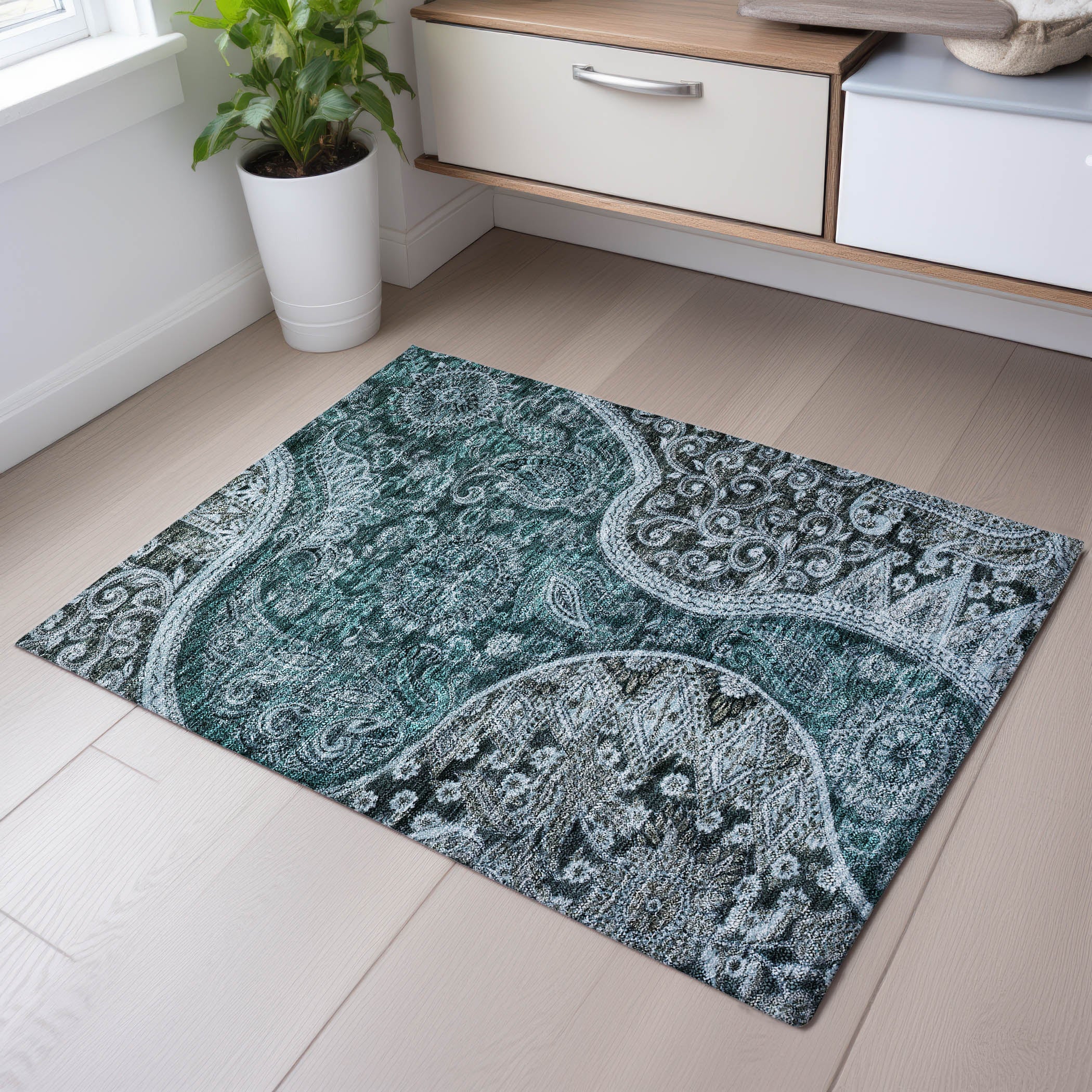 Prague Machine Washable Transitional Teal Rug 1'8" x 2'6" #shape_Rectangle