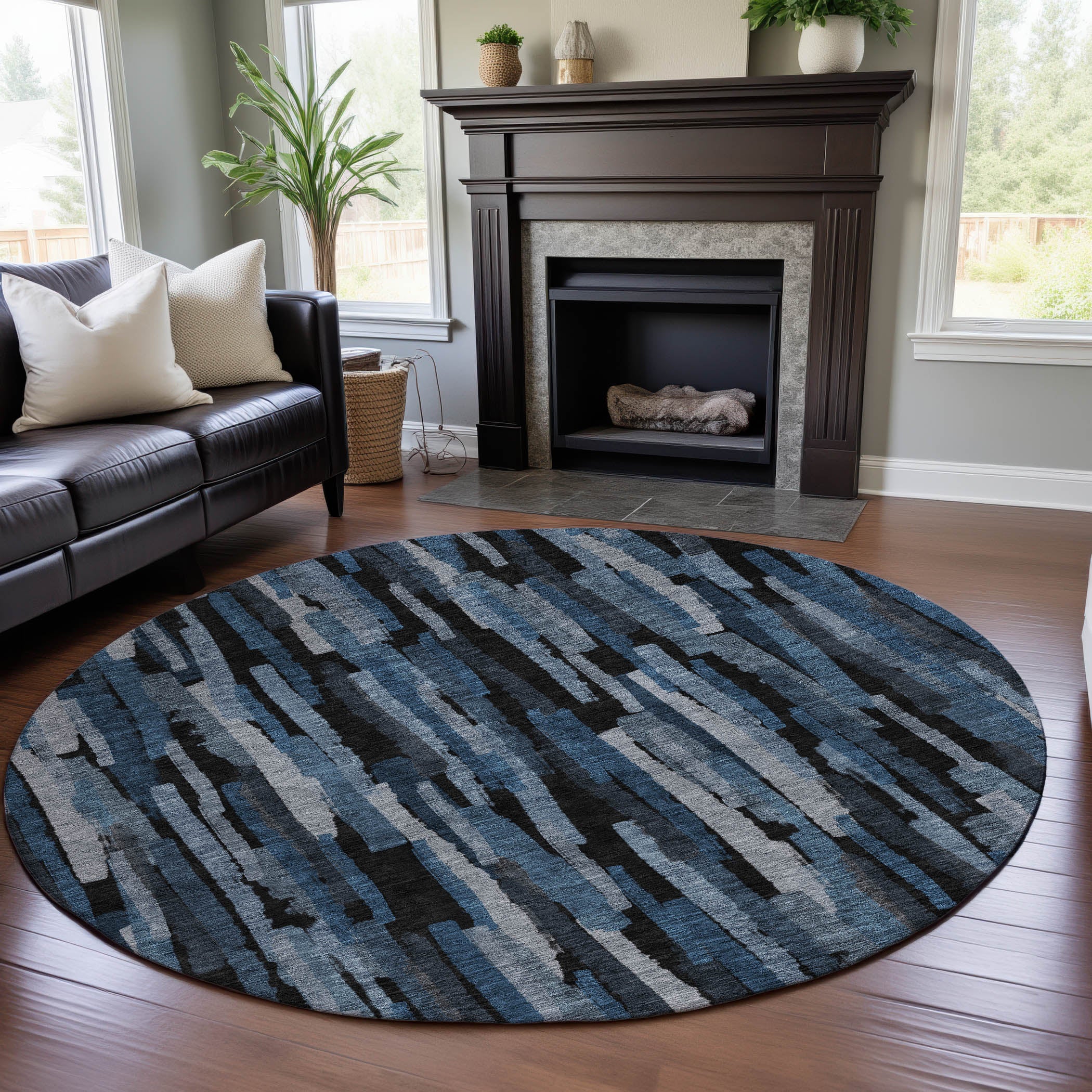 Siena Machine Washable Transitional Blue Rug 8' x 8' #shape_Round