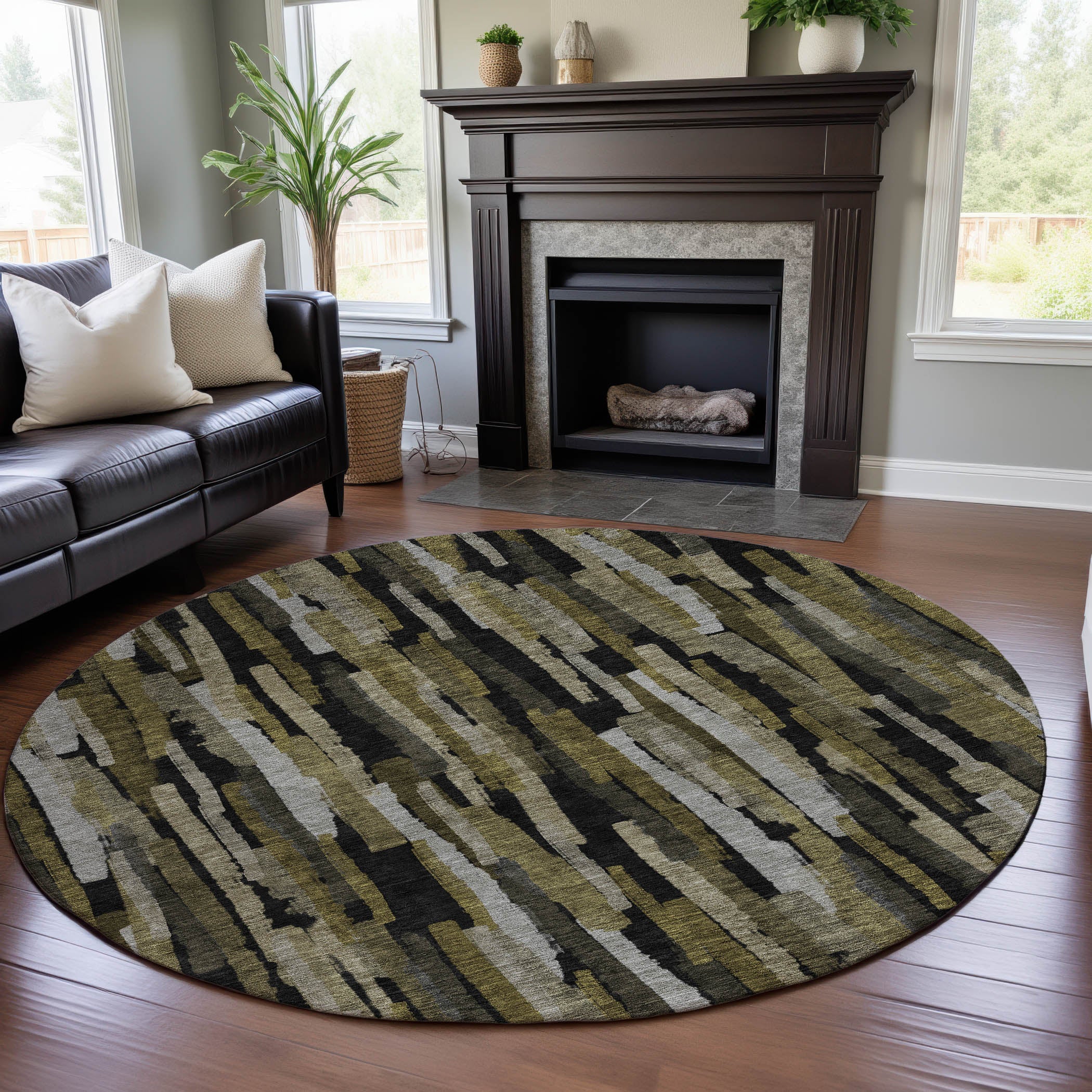 Siena Machine Washable Transitional Brown Rug 8' x 8' #shape_Round