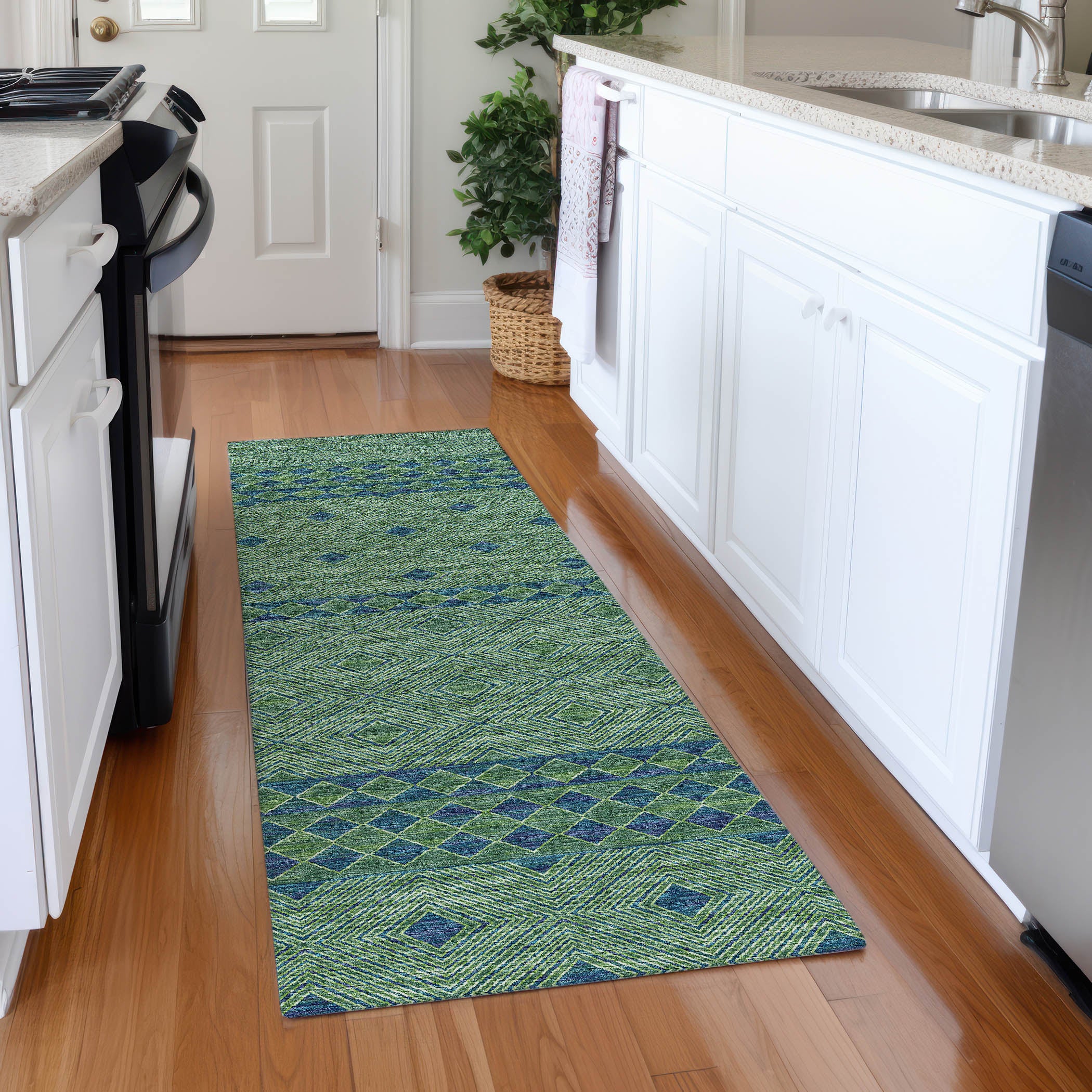 Montevideo Machine Washable Transitional Green Rug 2'3" x 7'6" #shape_Runner